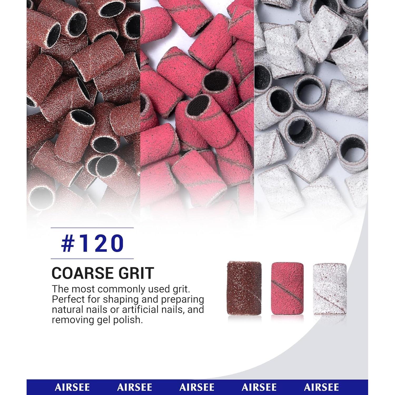 AIRSEE Sanding Bands for Electric Nail Drill 100 Piece Set 120 Grit Coarse Acrylic File Attachments Professional Sander 1 Mandrel Bit Beauty Salon Accessories Manicure and Pedicure Finger Callus Brown