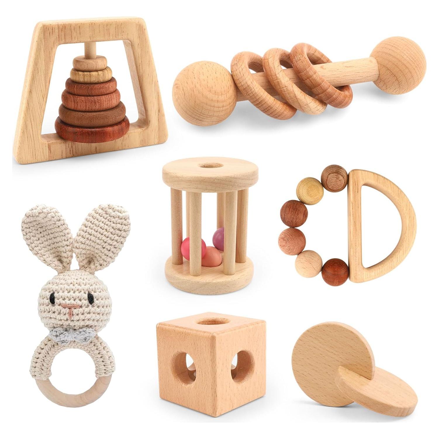 Juego de Sonajeros de Madera Natural 7PCS Montessori