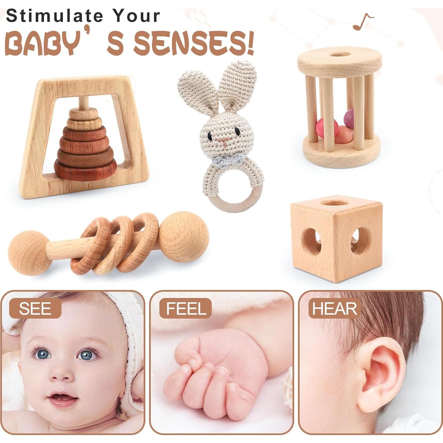 Juego de Sonajeros de Madera Natural 7PCS Montessori