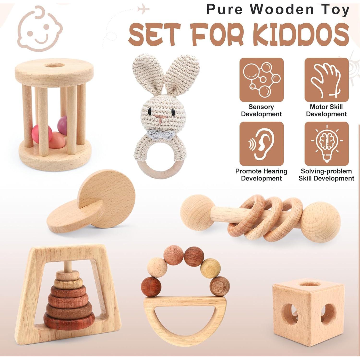 Juego de Sonajeros de Madera Natural 7PCS Montessori