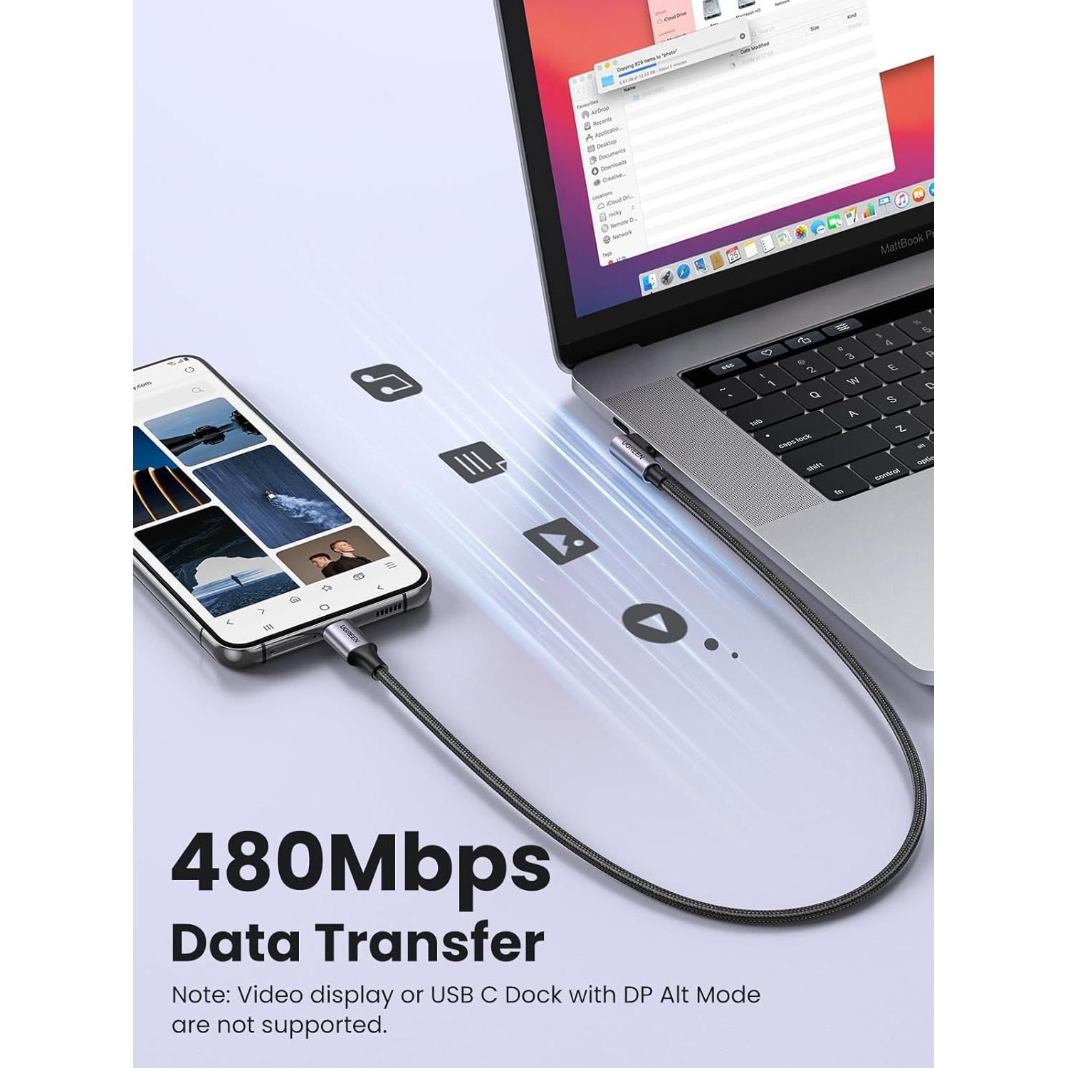 Cable USB C UGREEN 3M 60W Ángulo Recto para iPhone y MacBook