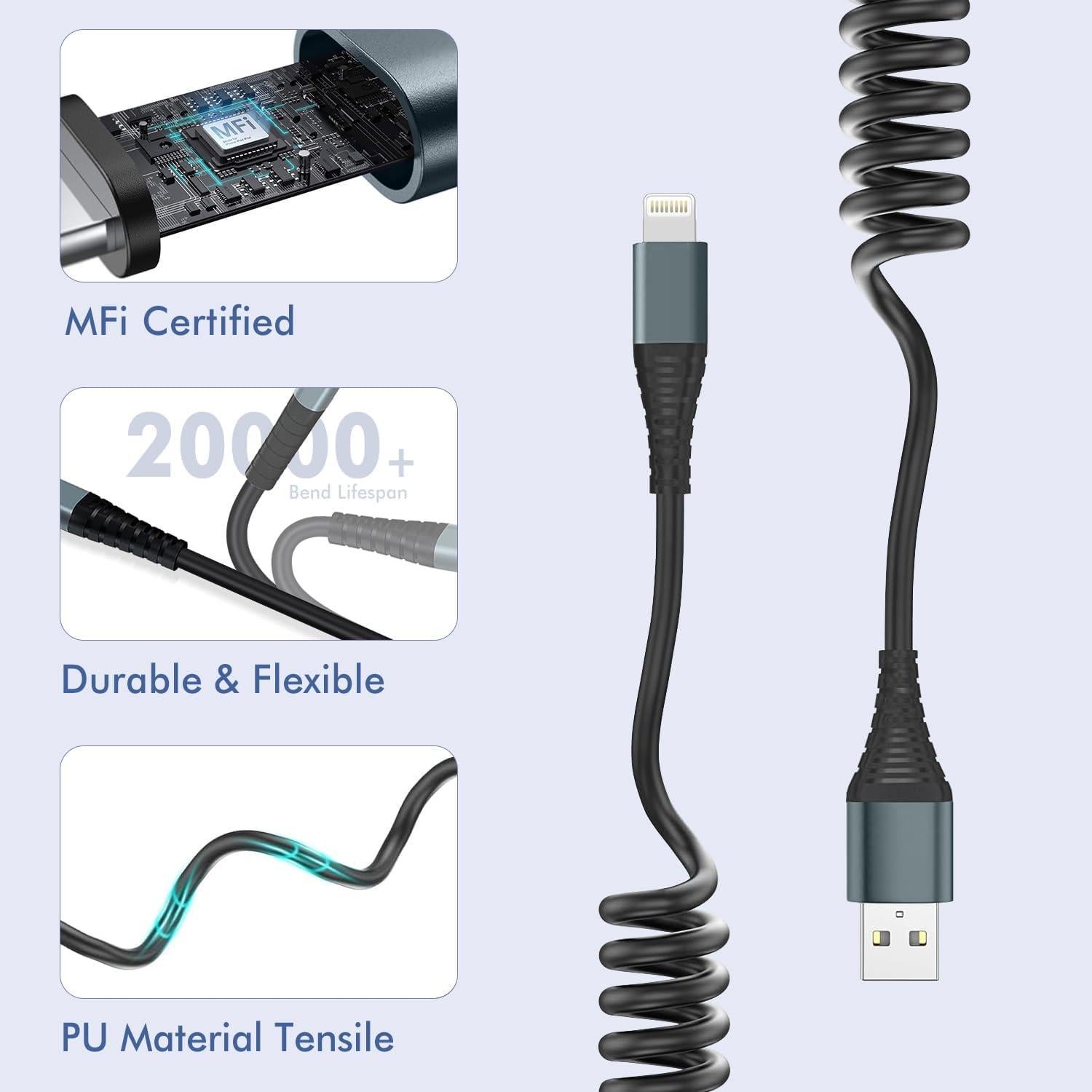 Cable de Carga Lightning en Espiral Heartbeats 3FT MFi - 2 Paquetes