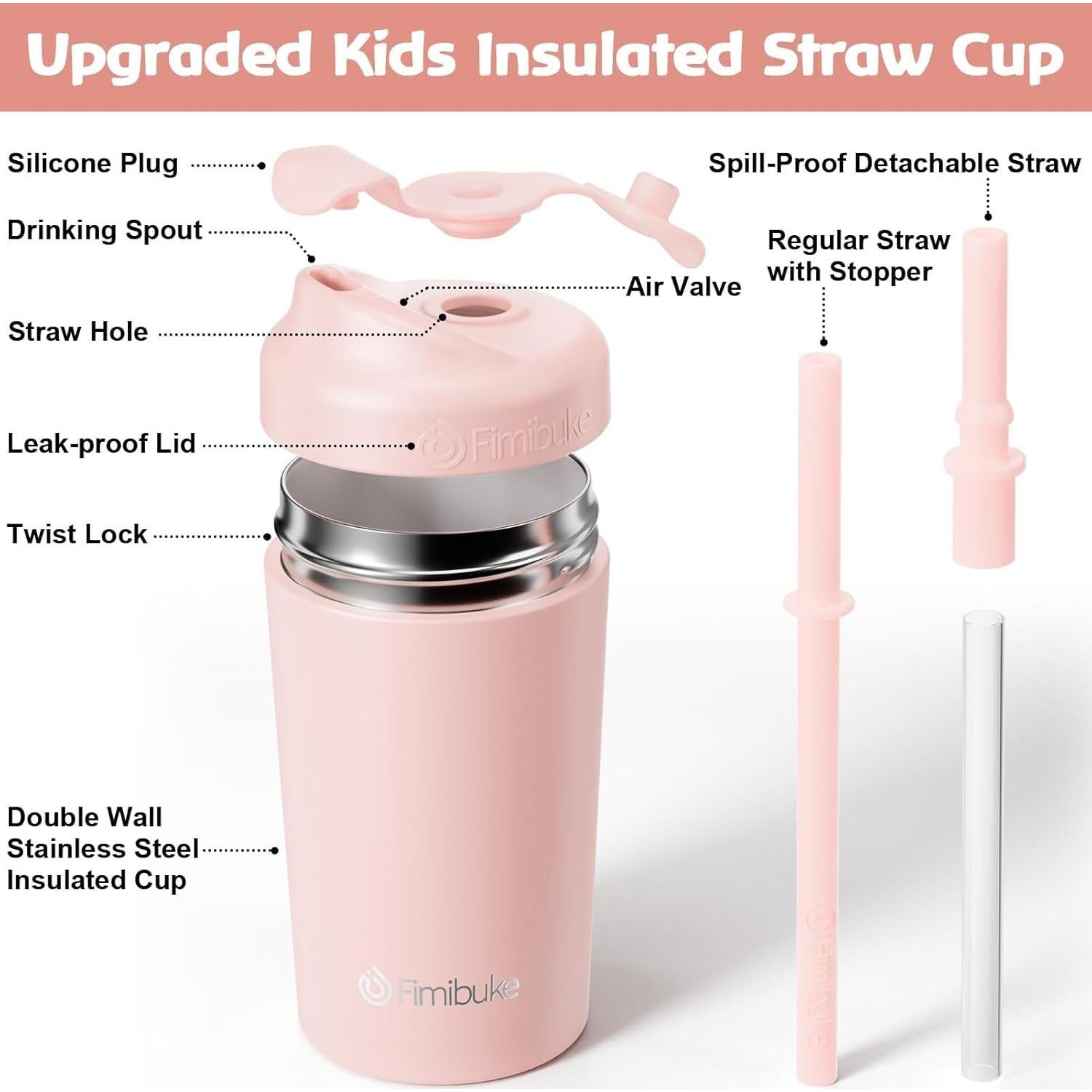Taza Aislada para Niños Fimibuke 10 OZ con Popote a Prueba de Derrames