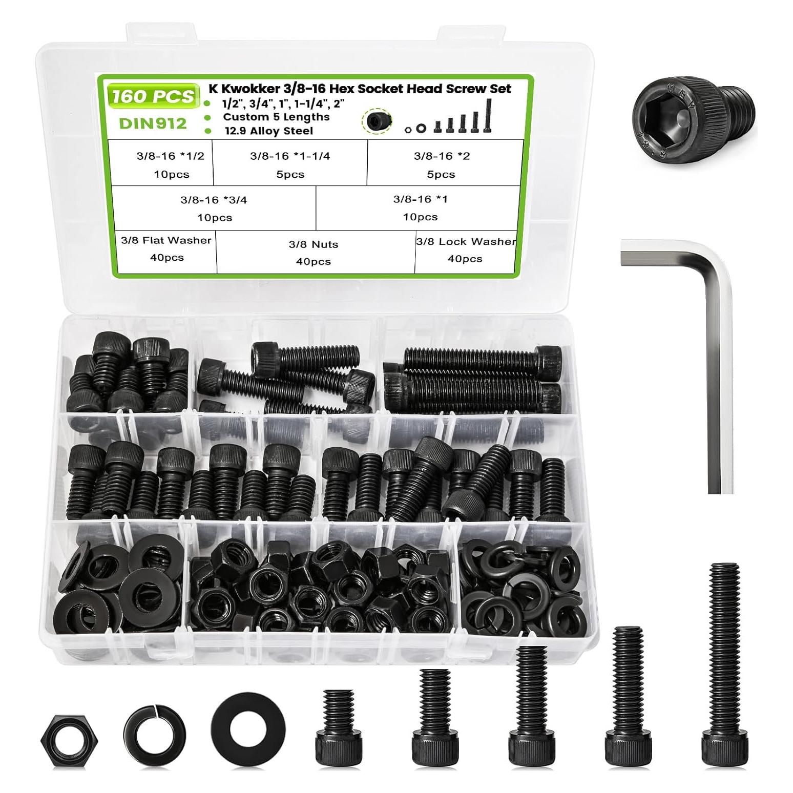 Kit de Tornillos y Tuercas K Kwokker 160Pcs 3/8-16 Acero 12.9
