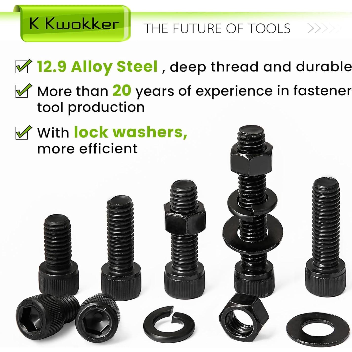 Kit de Tornillos y Tuercas K Kwokker 160Pcs 3/8-16 Acero 12.9