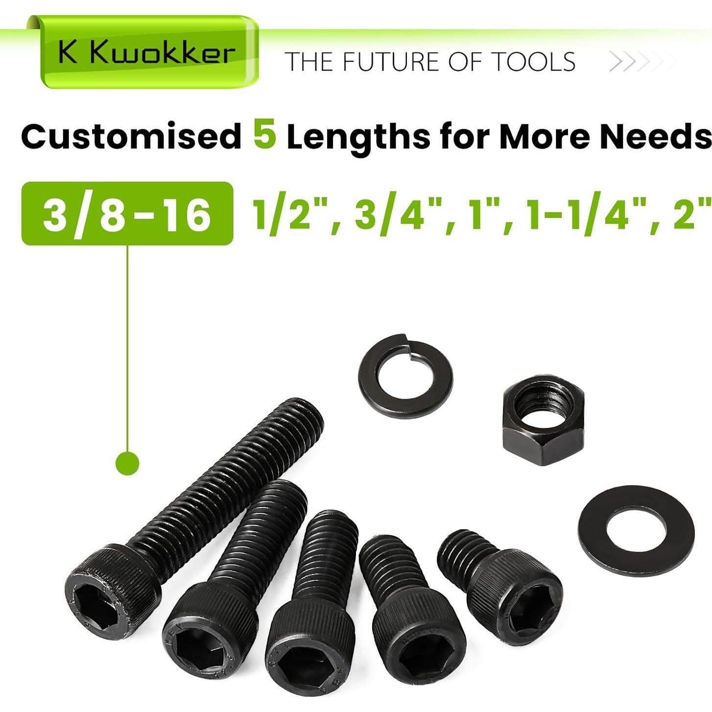 Kit de Tornillos y Tuercas K Kwokker 160Pcs 3/8-16 Acero 12.9