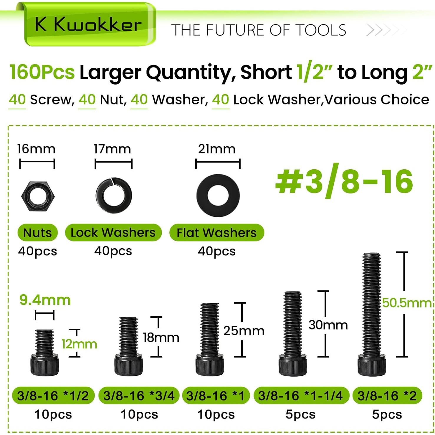 Kit de Tornillos y Tuercas K Kwokker 160Pcs 3/8-16 Acero 12.9