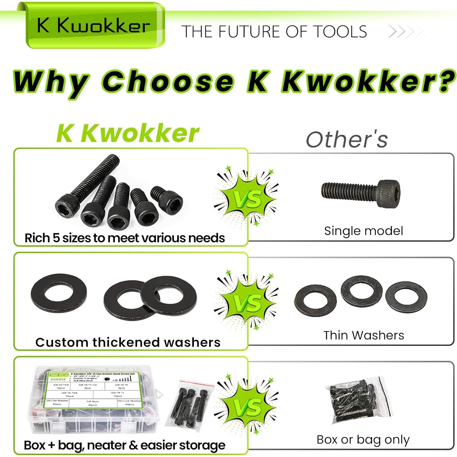 Kit de Tornillos y Tuercas K Kwokker 160Pcs 3/8-16 Acero 12.9