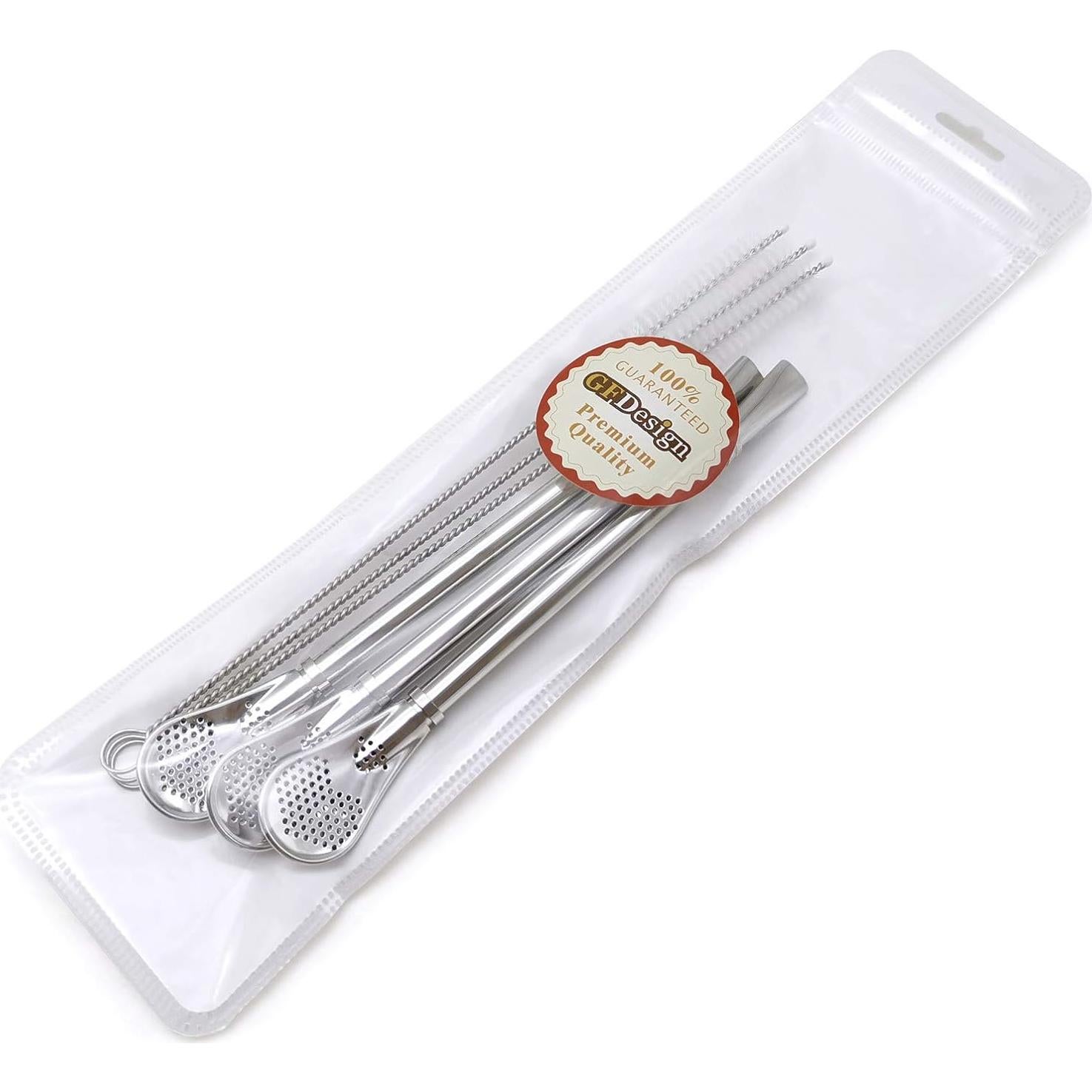 GFDesign Yerba Mate Bombilla Gourd Drinking Filter Straws Stirrer Food-Grade 18/8 Stainless Steel - Set of 3 with 3 Cleaning Brushes - 6.1" Long