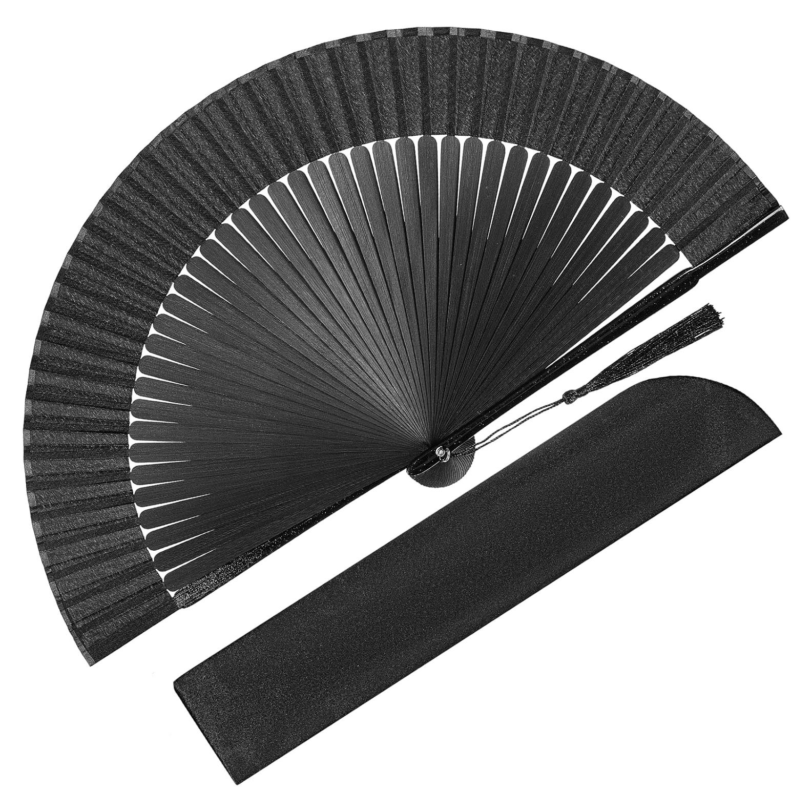 Abanico Plegable Chino Japonés de Seda y Bambú Negro