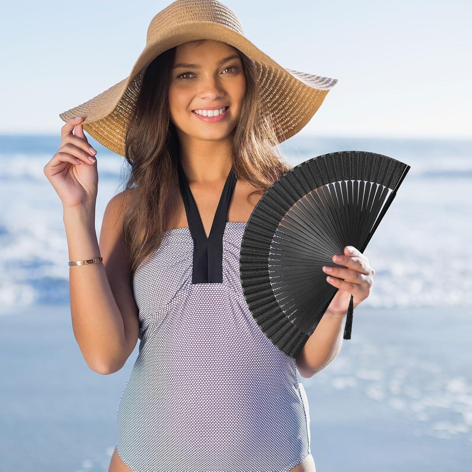 Abanico Plegable Chino Japonés de Seda y Bambú Negro