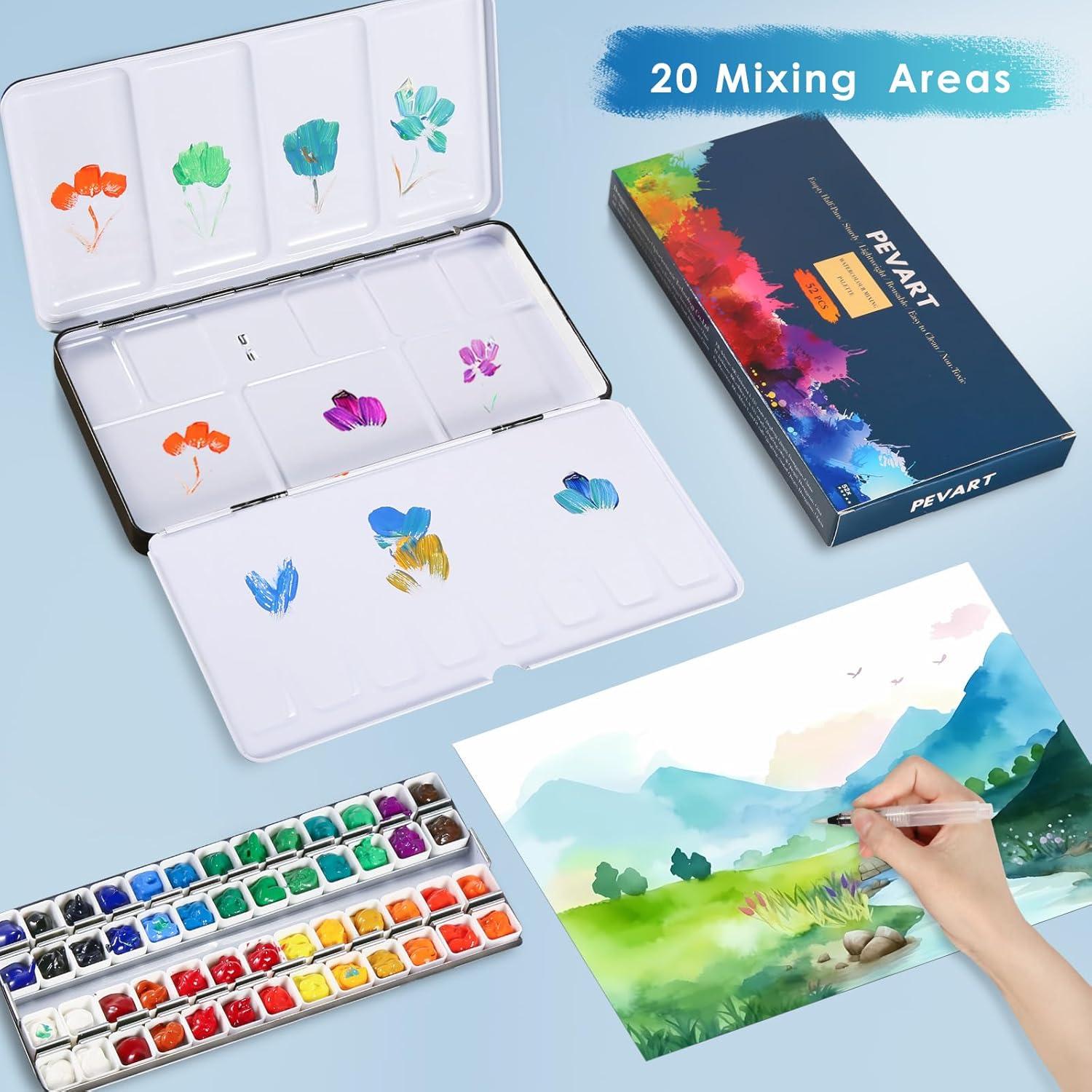 Paleta de Acuarela PEVART Vacía con 52 Medias Cubetas y Pincel