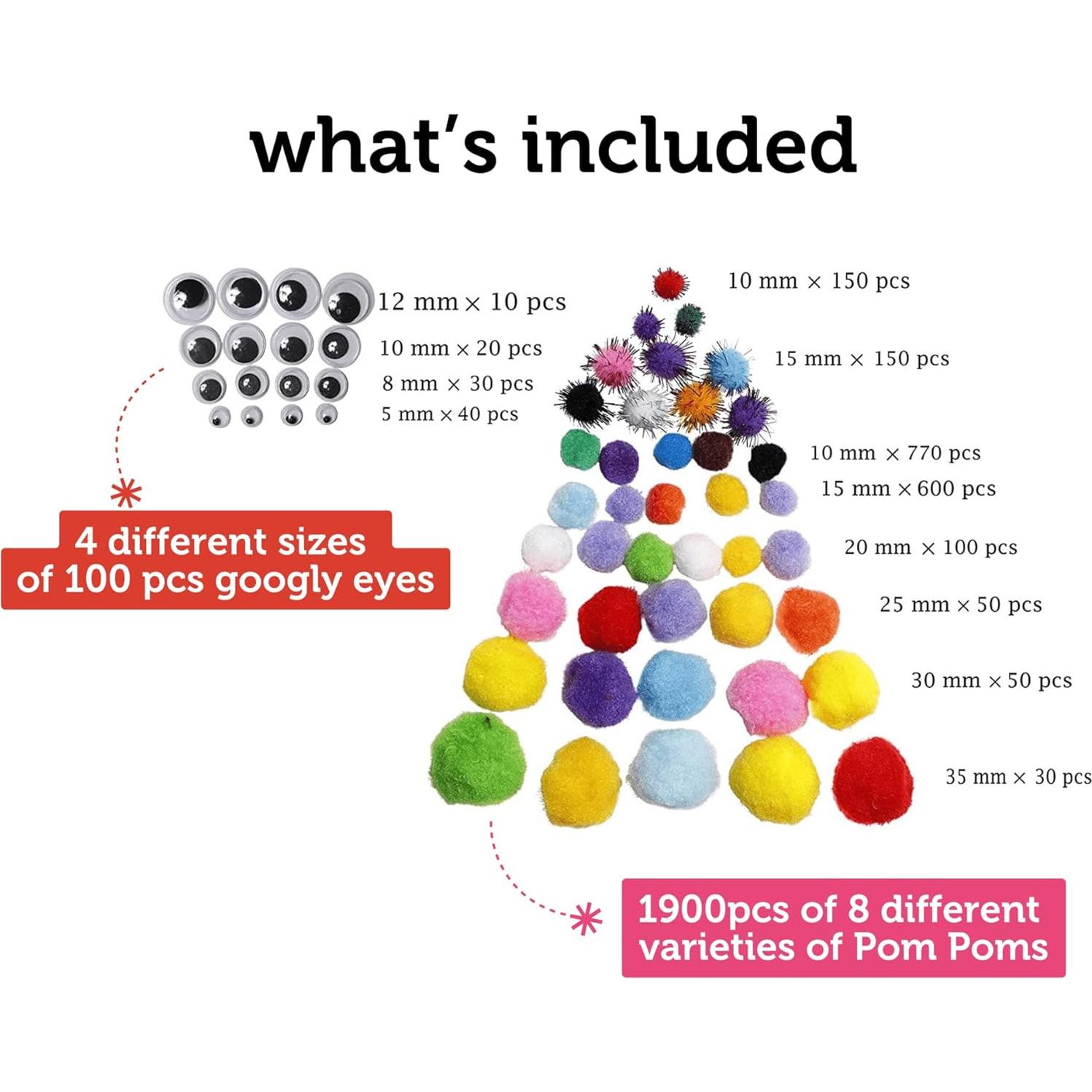 Conjunto de Pom Poms Multicolor Incraftables 2000 Pcs 10-35 mm