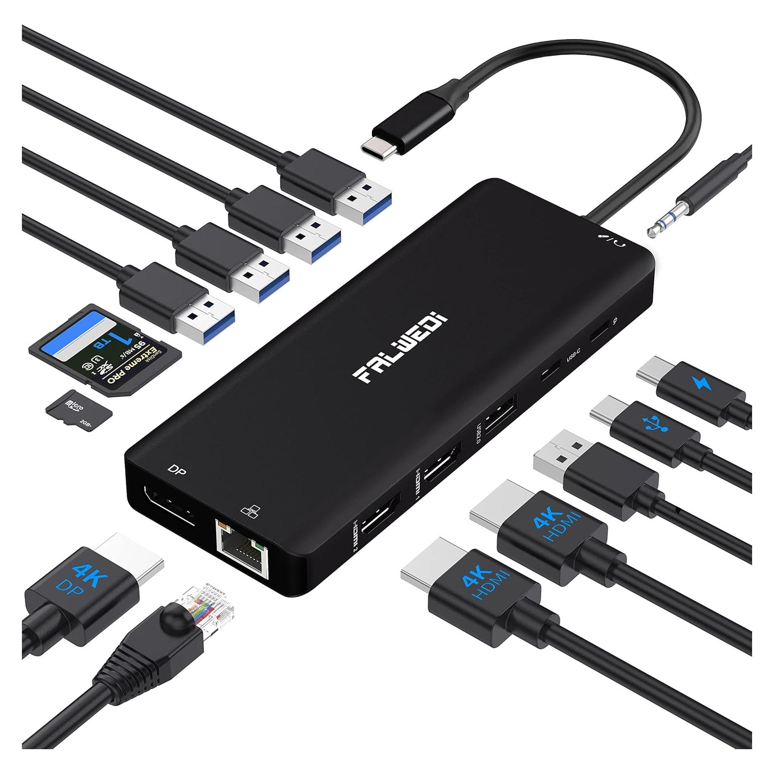 Dock USB C FALWEDI 14 en 1 para Laptop - 2 HDMI, DP, RJ45, USB
