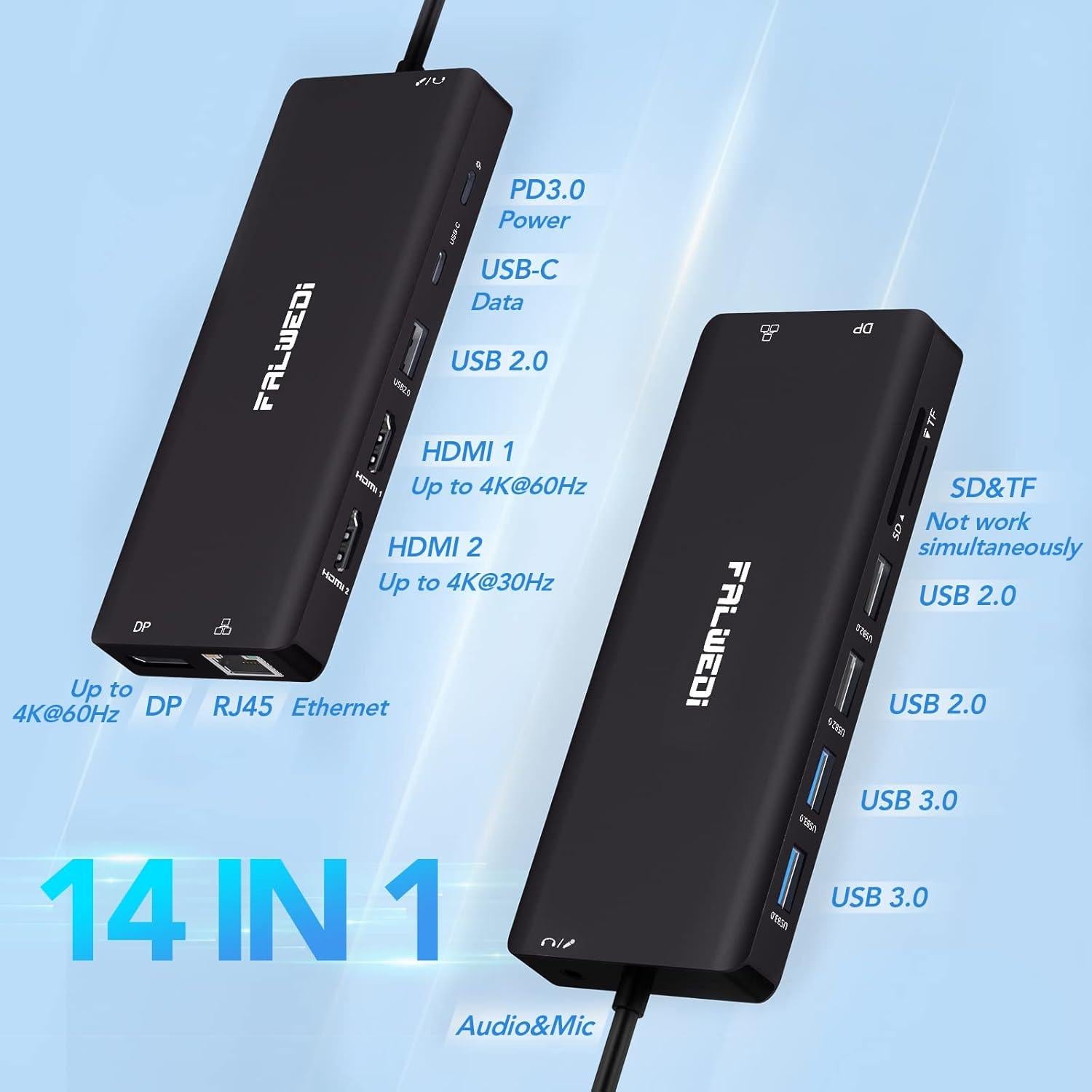 Dock USB C FALWEDI 14 en 1 para Laptop - 2 HDMI, DP, RJ45, USB