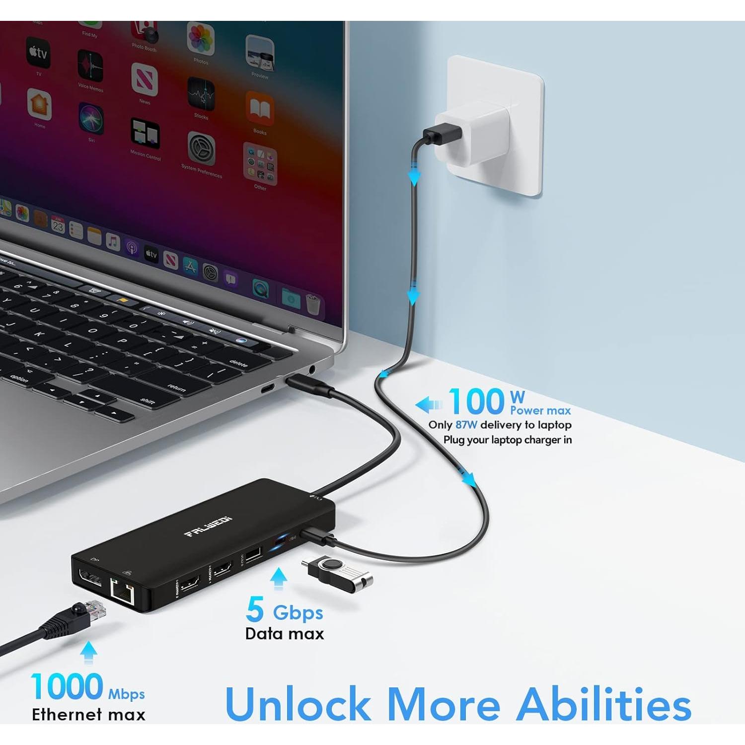 Dock USB C FALWEDI 14 en 1 para Laptop - 2 HDMI, DP, RJ45, USB