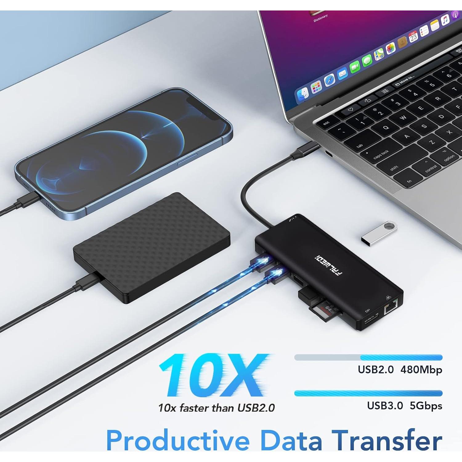 Dock USB C FALWEDI 14 en 1 para Laptop - 2 HDMI, DP, RJ45, USB