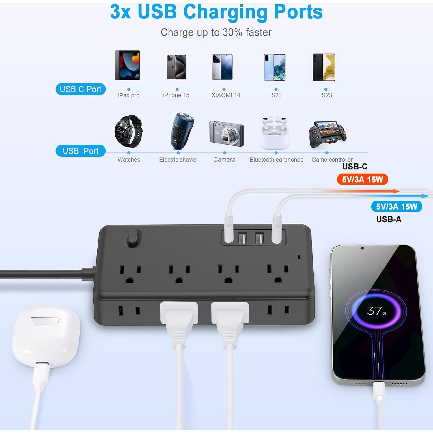 Regleta de Protección Sobretensiones 6 Salidas 4 USB Bi-silque
