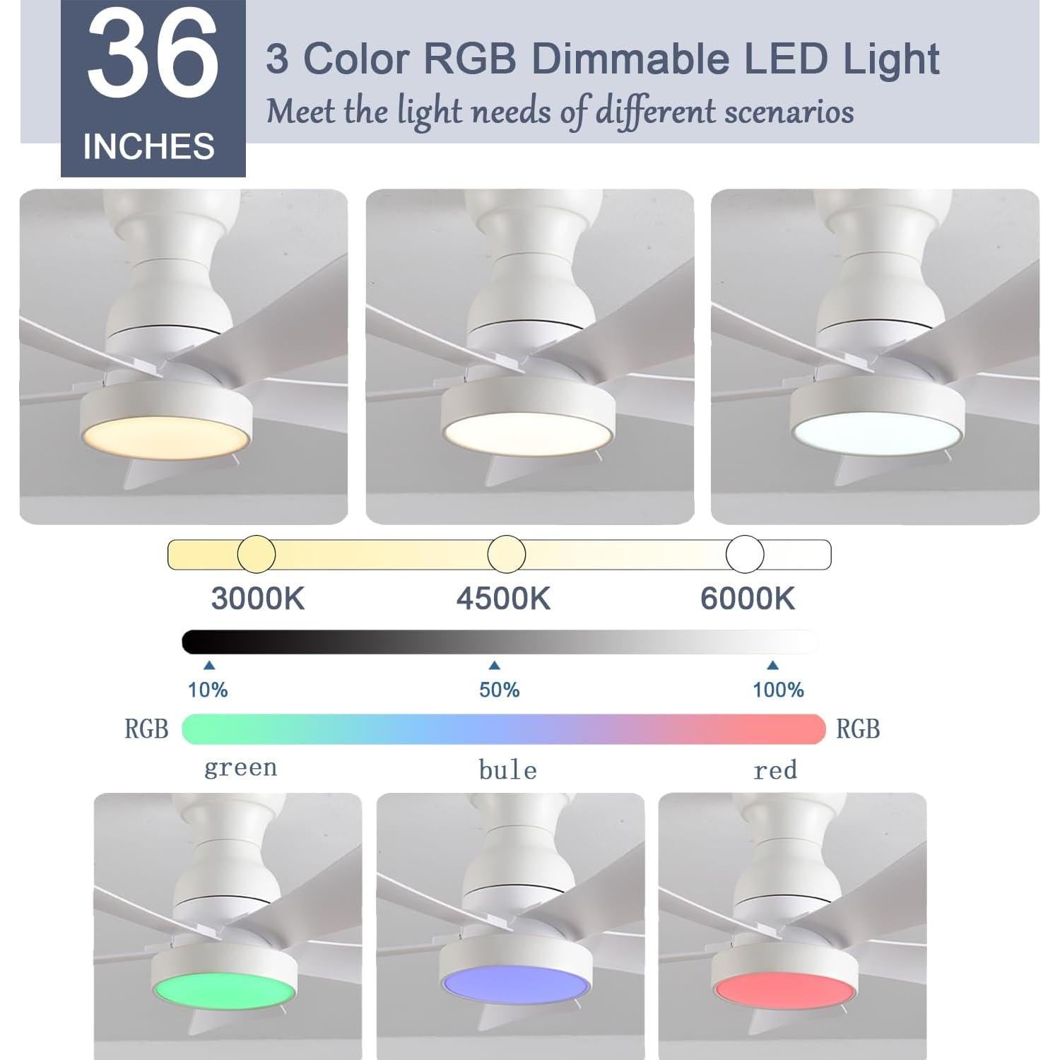 Ventilador de Techo NKPU 36" Blanco con Luz LED RGB y Control Remoto