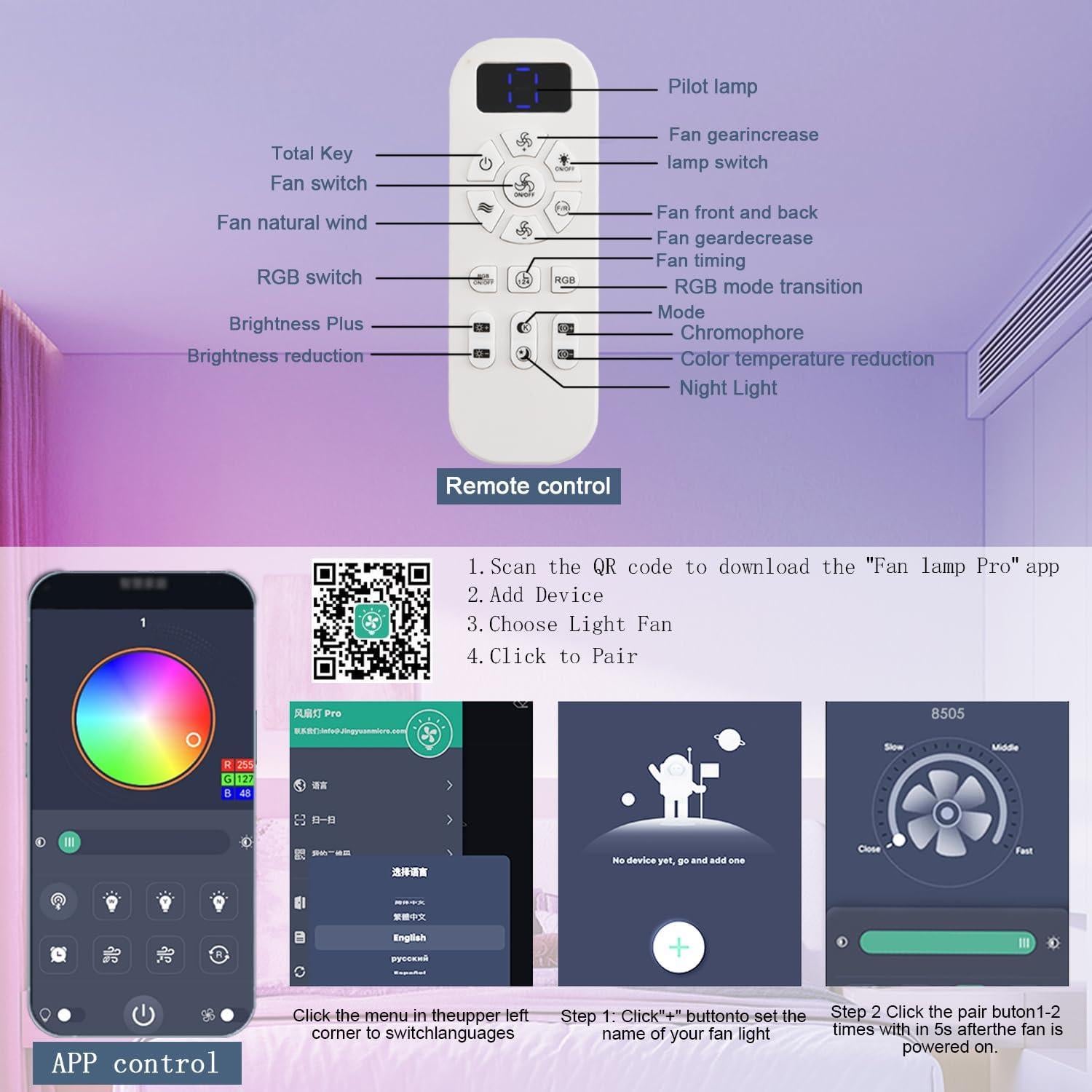 Ventilador de Techo NKPU 36" Blanco con Luz LED RGB y Control Remoto