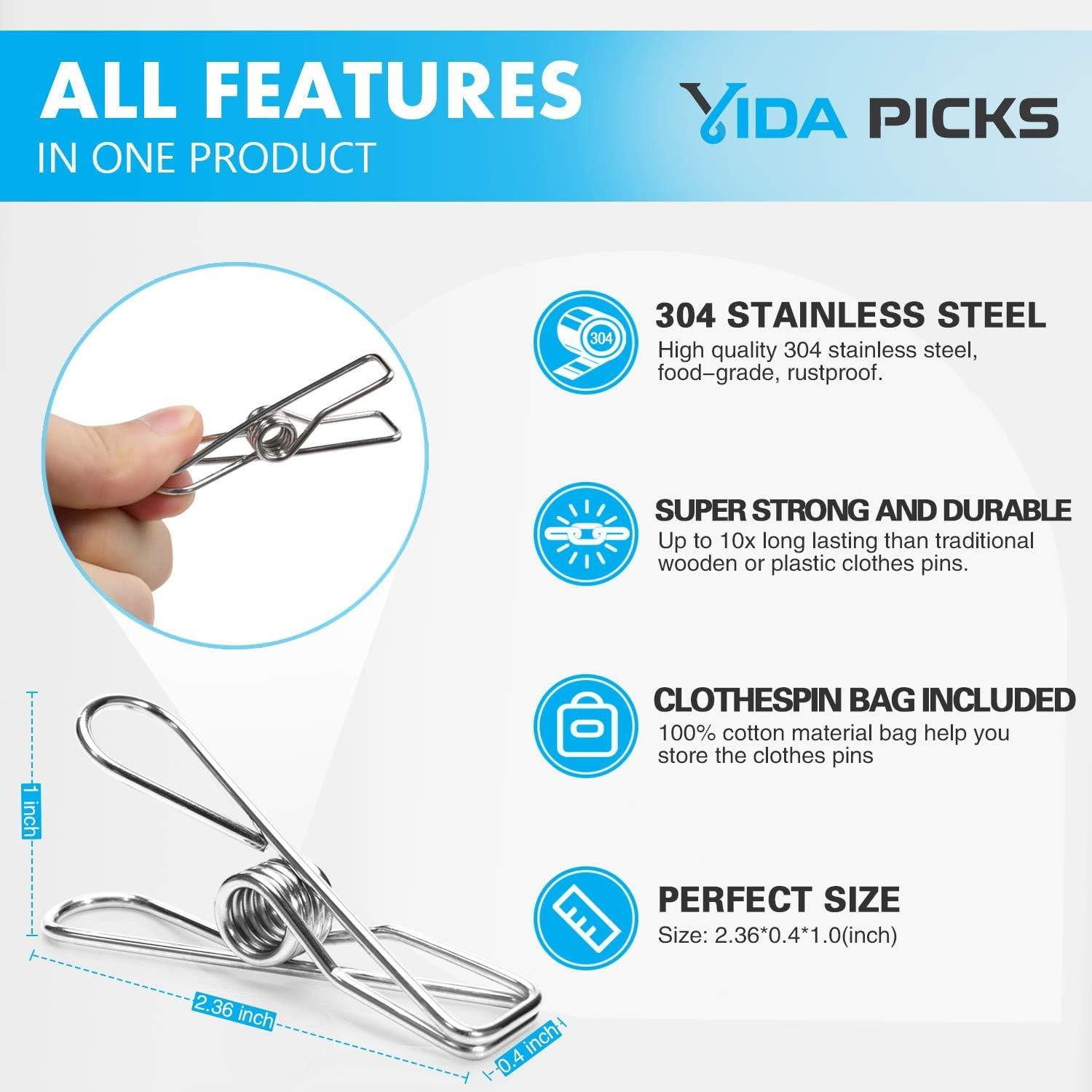 Paquete de 40 Pinzas de Ropa Vida Picks de Acero Inoxidable 6cm
