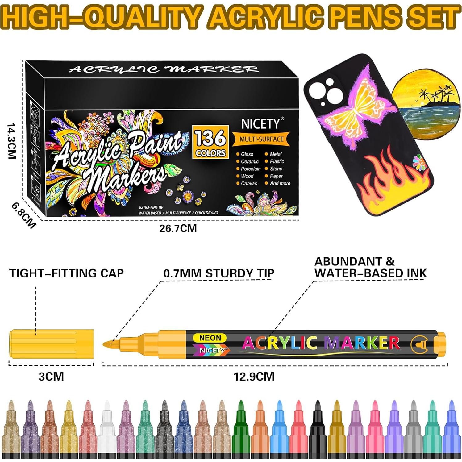 Marcadores de Pintura Acrílica NICETY 136 Colores Punta Fina 0.7mm