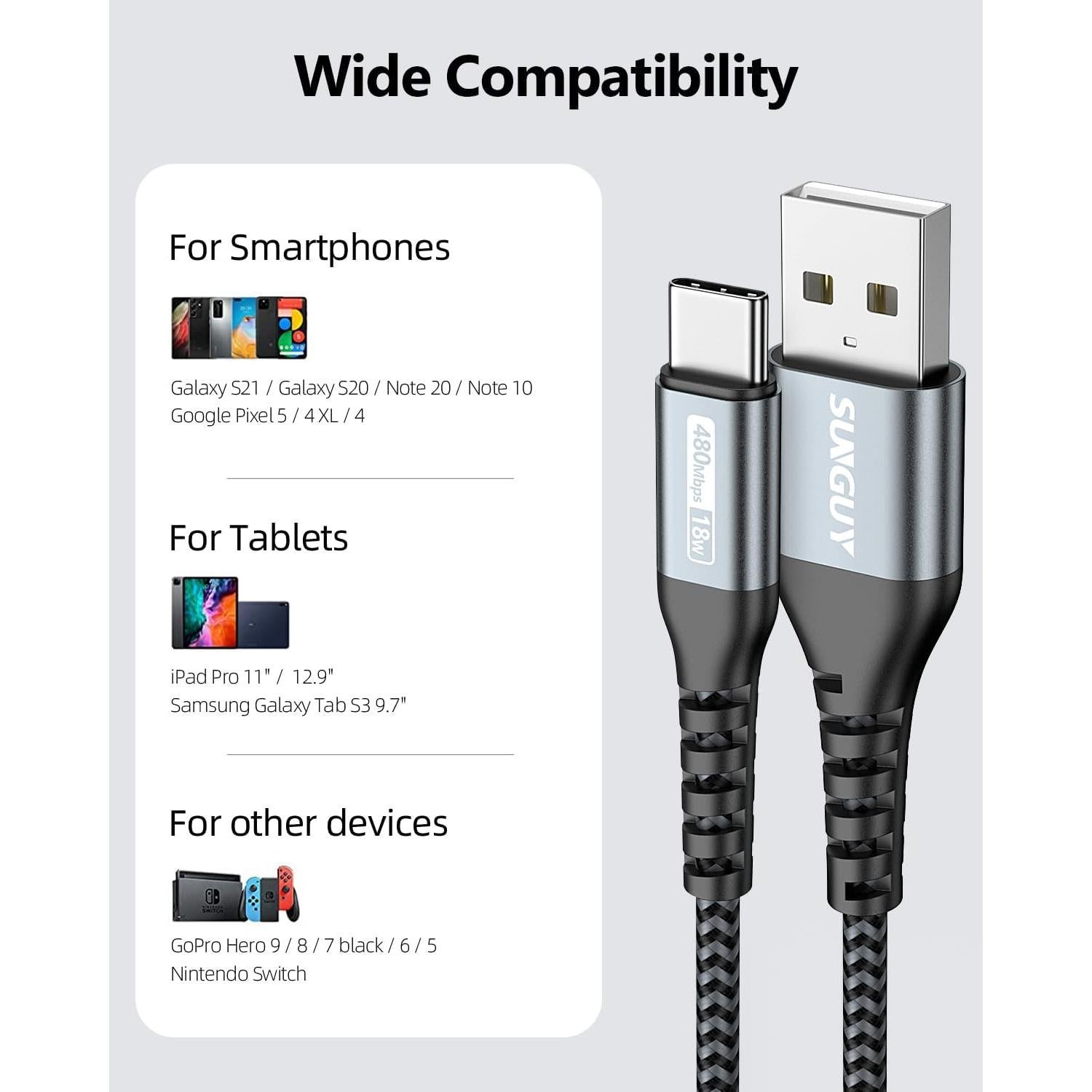 Cable USB A a USB C SUNGUY 3A 6 pulgadas 3 Pack Carga Rápida