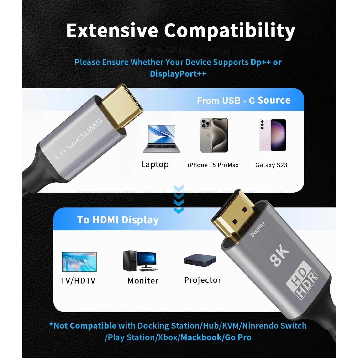 Cable USB C a HDMI 2.1 SWITCHFLUX 0.91m 8K@60Hz