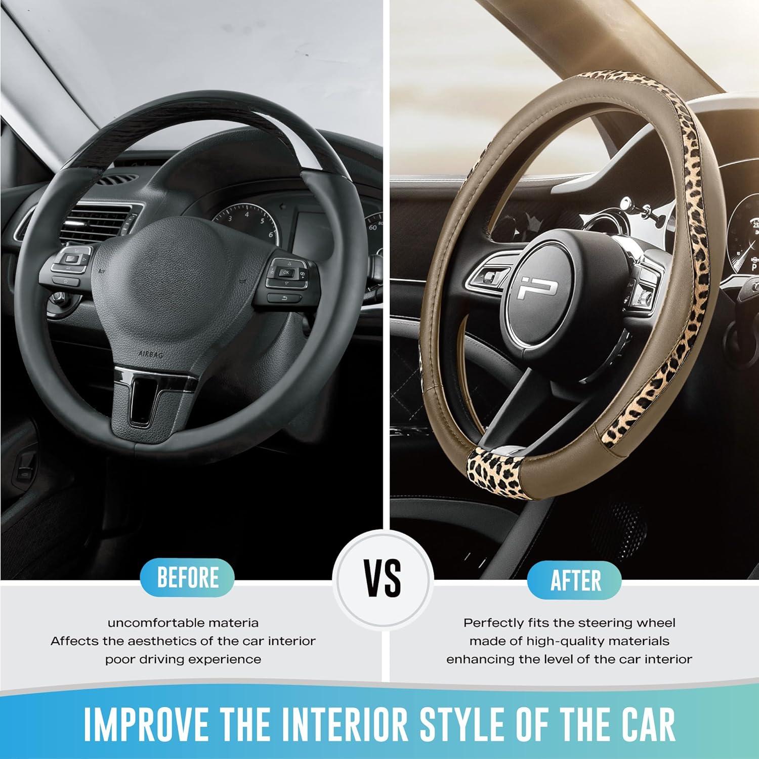 Cubierta de Volante Road Comforts Beige - Cuero PVC y Tela Leopardo - Universal 36.83 a 38.1 cm