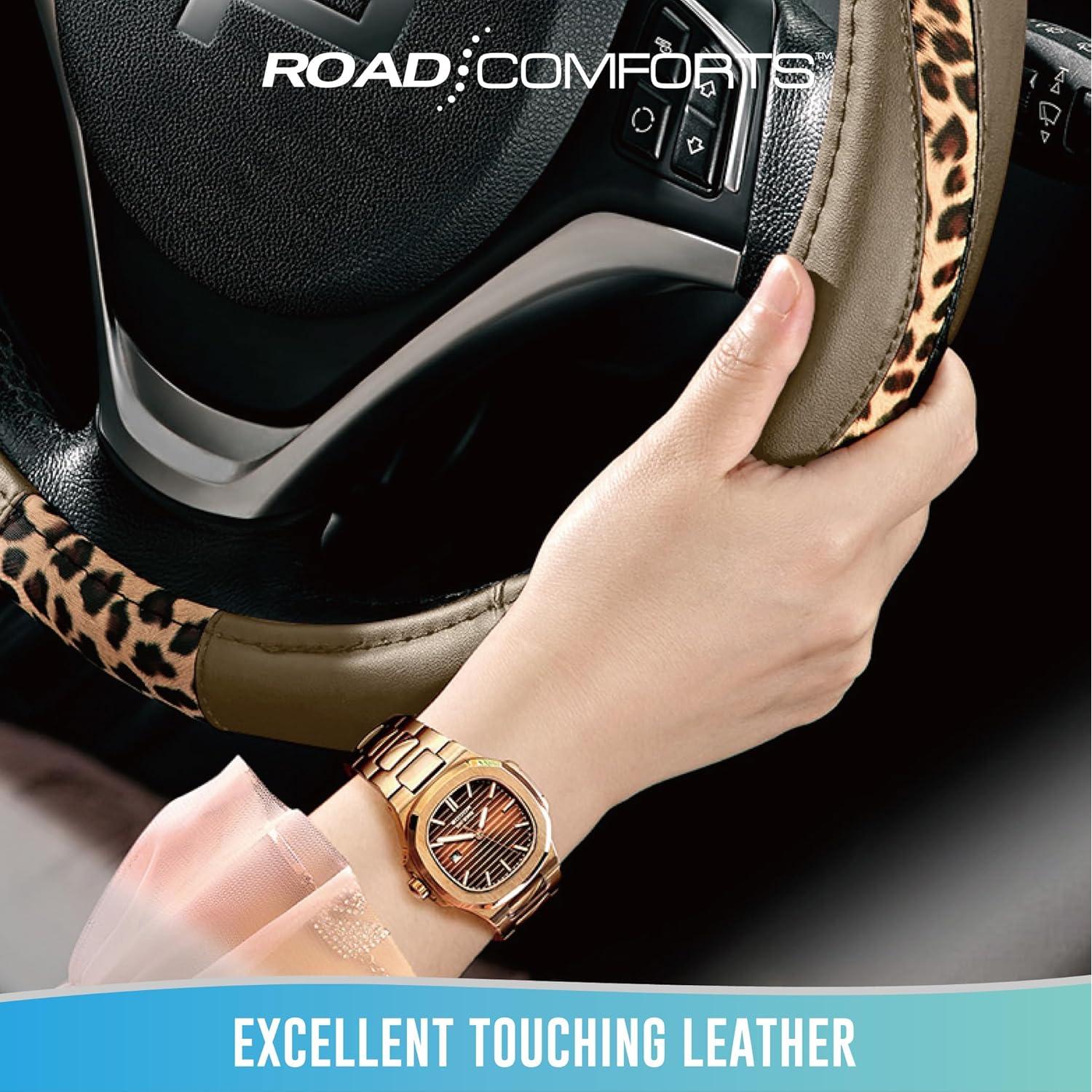 Cubierta de Volante Road Comforts Beige - Cuero PVC y Tela Leopardo - Universal 36.83 a 38.1 cm