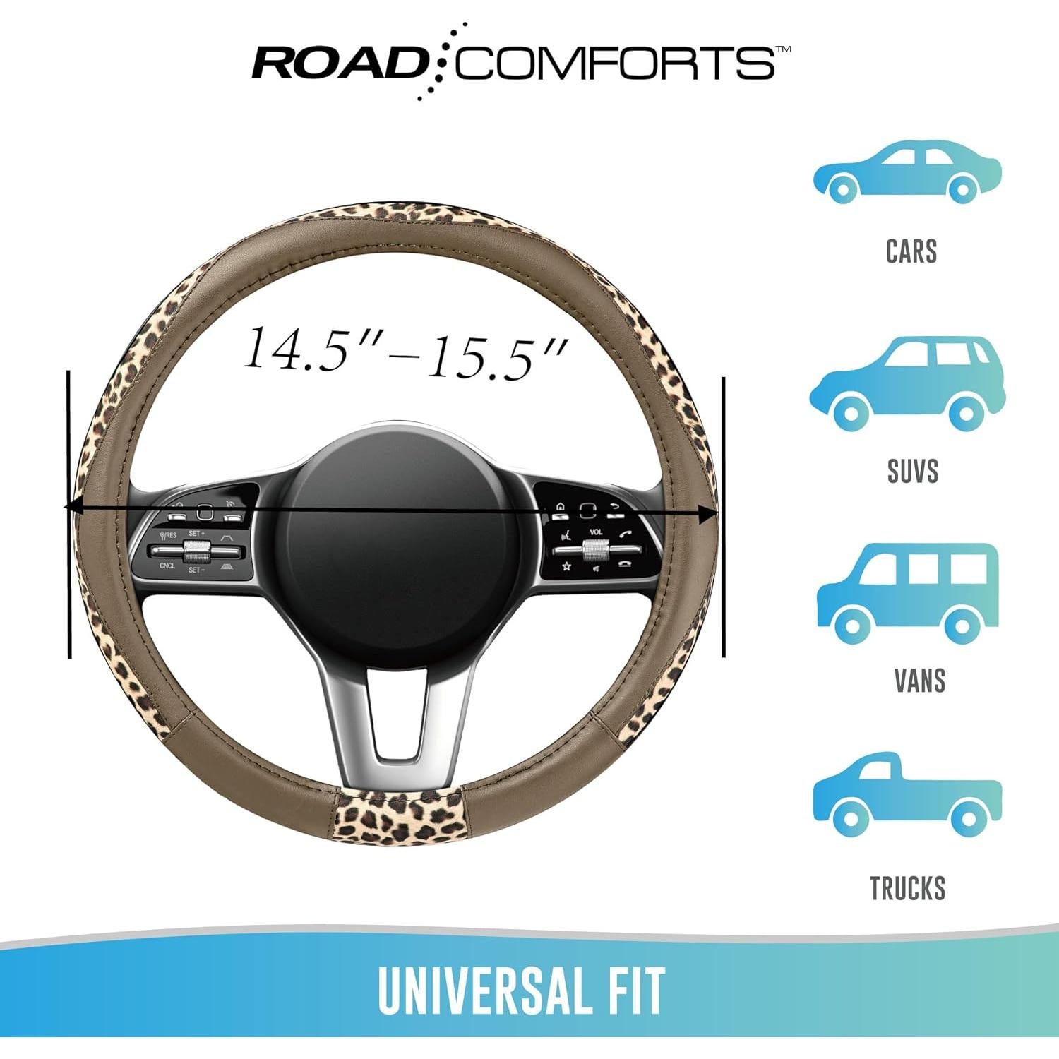 Cubierta de Volante Road Comforts Beige - Cuero PVC y Tela Leopardo - Universal 36.83 a 38.1 cm