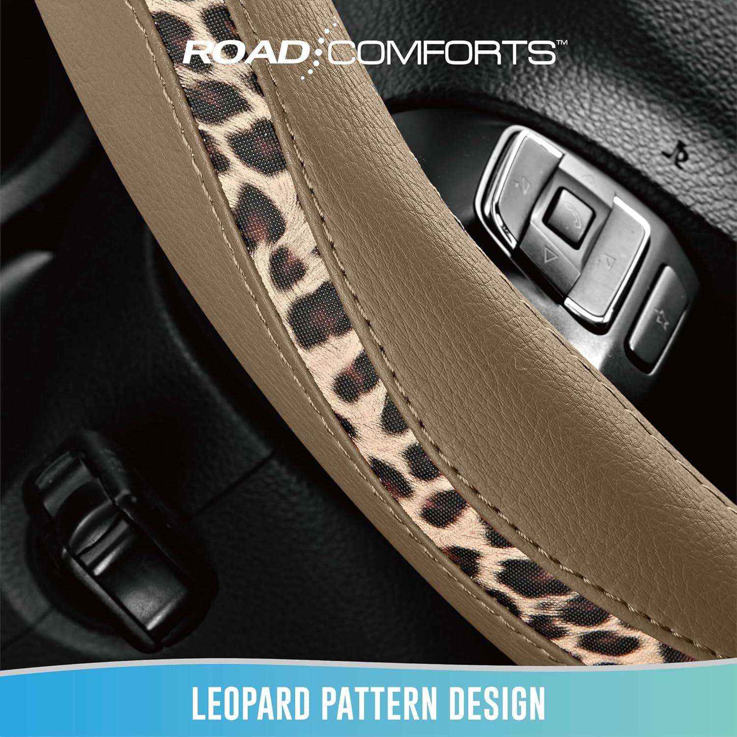 Cubierta de Volante Road Comforts Beige - Cuero PVC y Tela Leopardo - Universal 36.83 a 38.1 cm