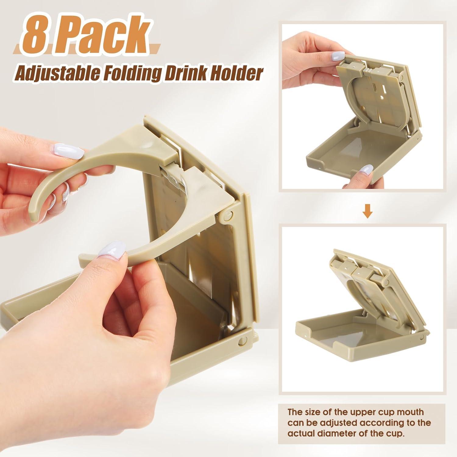 Tioncy 8 Pack Adjustable Cup Holder with Screws Universal Plastic Folding Wall Mounted Cup Holder for Water Beverage Bottle Caravan Autos Cars Trucks RVs Boats Accessories(Beige)