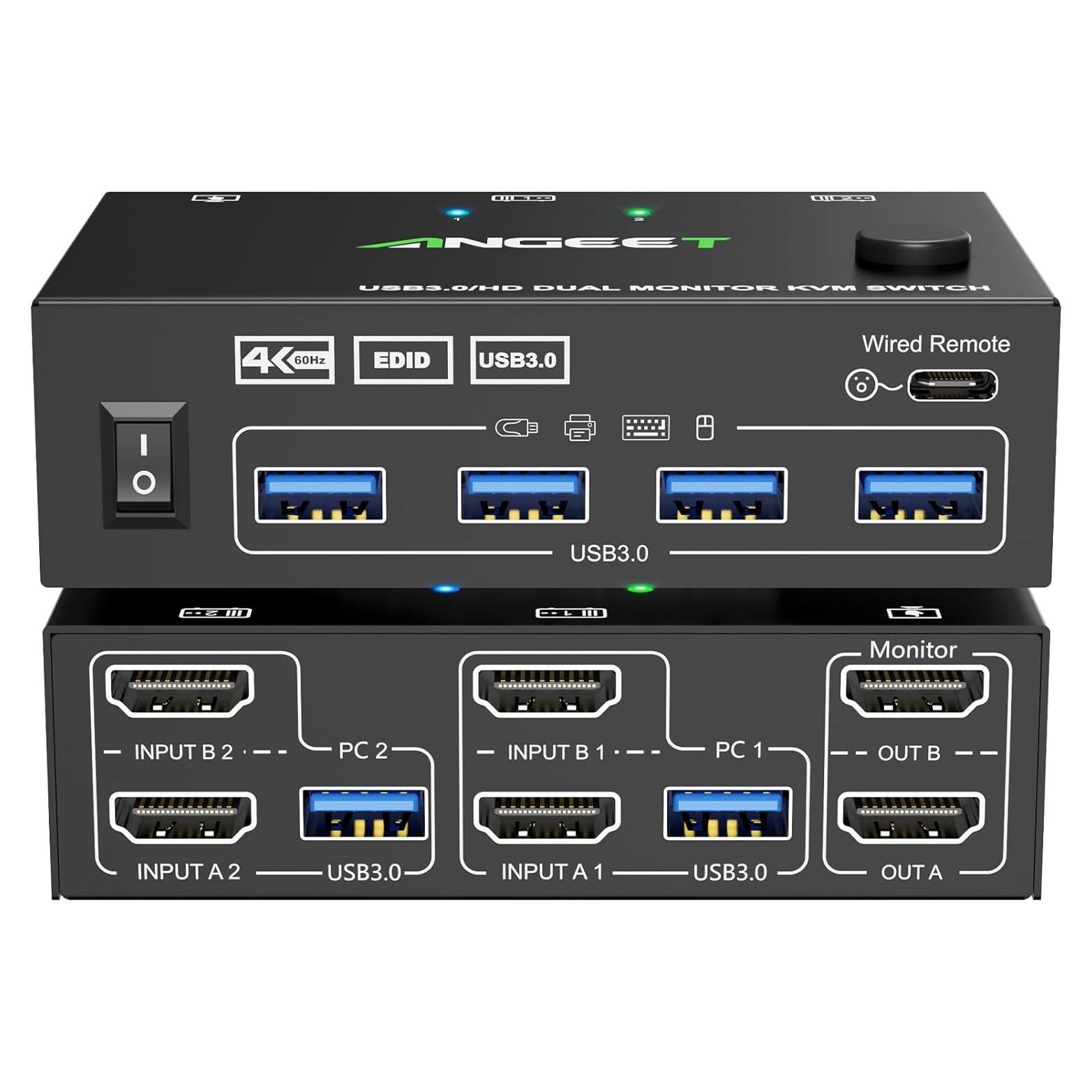 Interruptor KVM HDMI 2 Monitores ANGEET 4K 60Hz USB 3.0