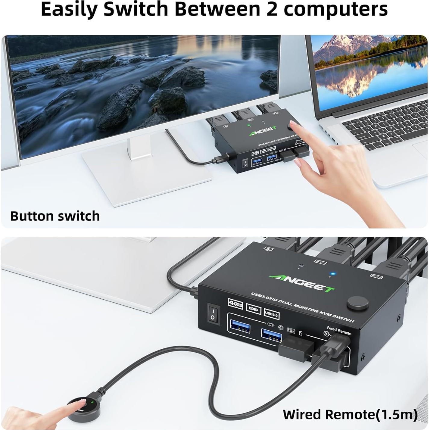 Interruptor KVM HDMI 2 Monitores ANGEET 4K 60Hz USB 3.0
