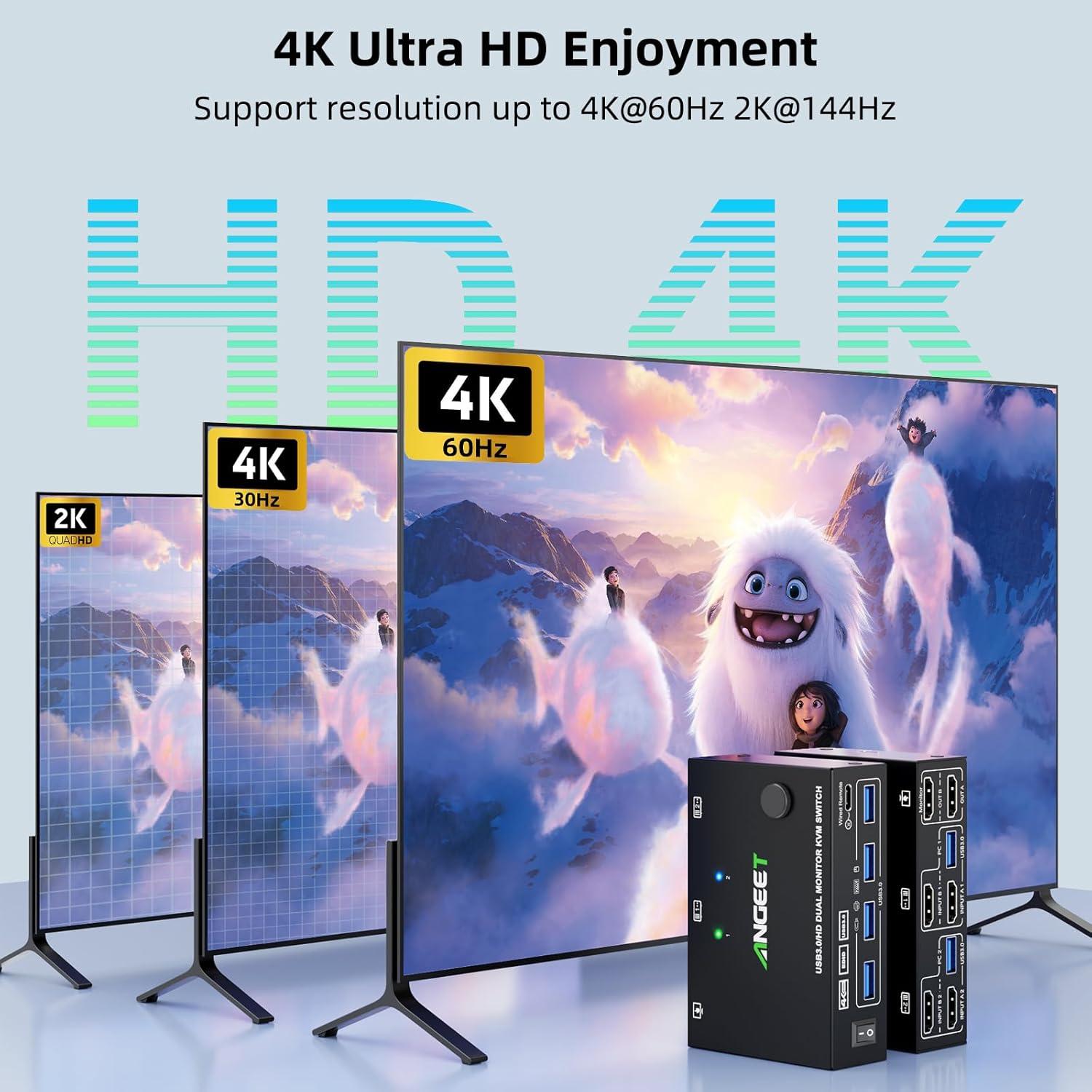 Interruptor KVM HDMI 2 Monitores ANGEET 4K 60Hz USB 3.0