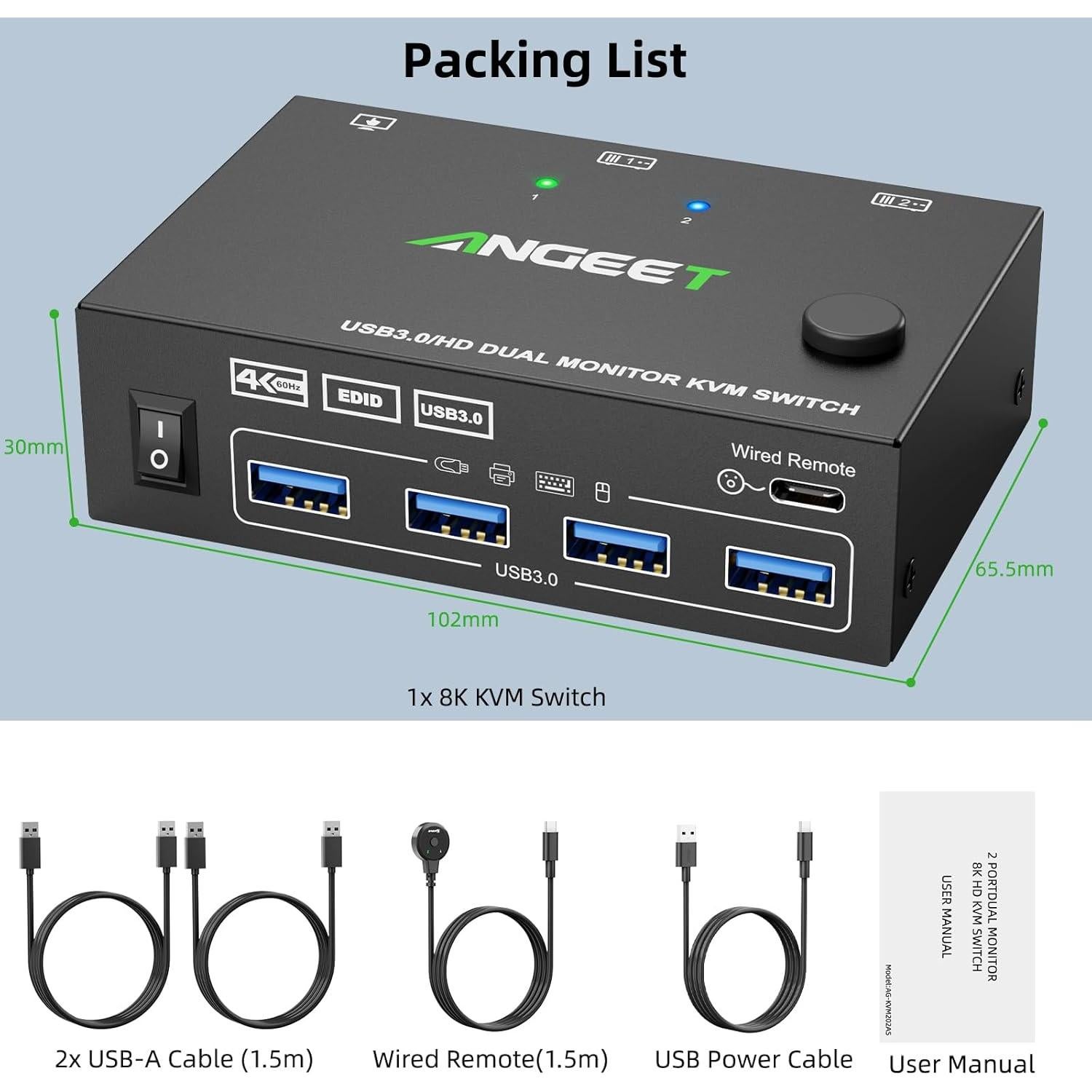Interruptor KVM HDMI 2 Monitores ANGEET 4K 60Hz USB 3.0