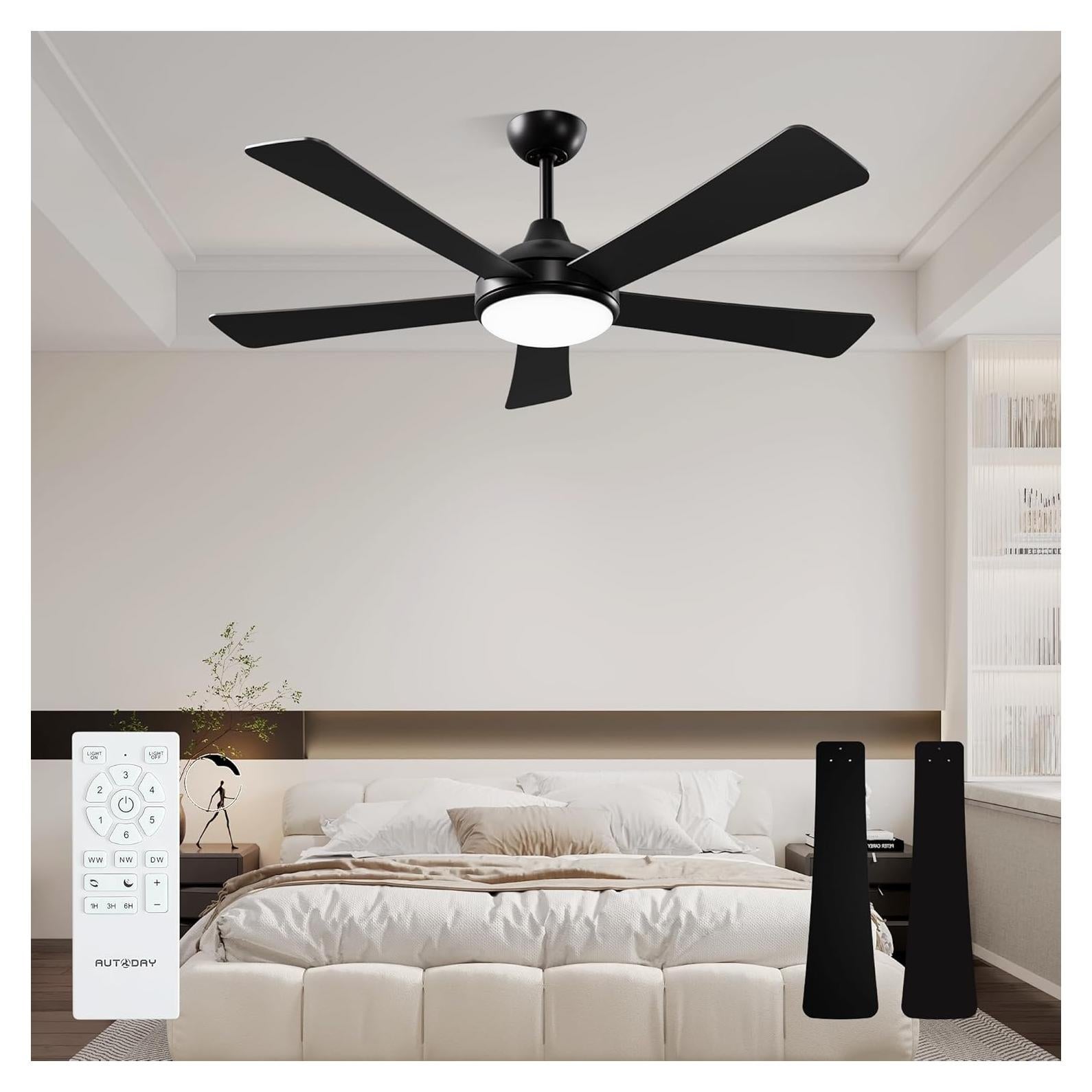Ventilador de Techo Autoday 52" Negro con Luz LED y Control Remoto