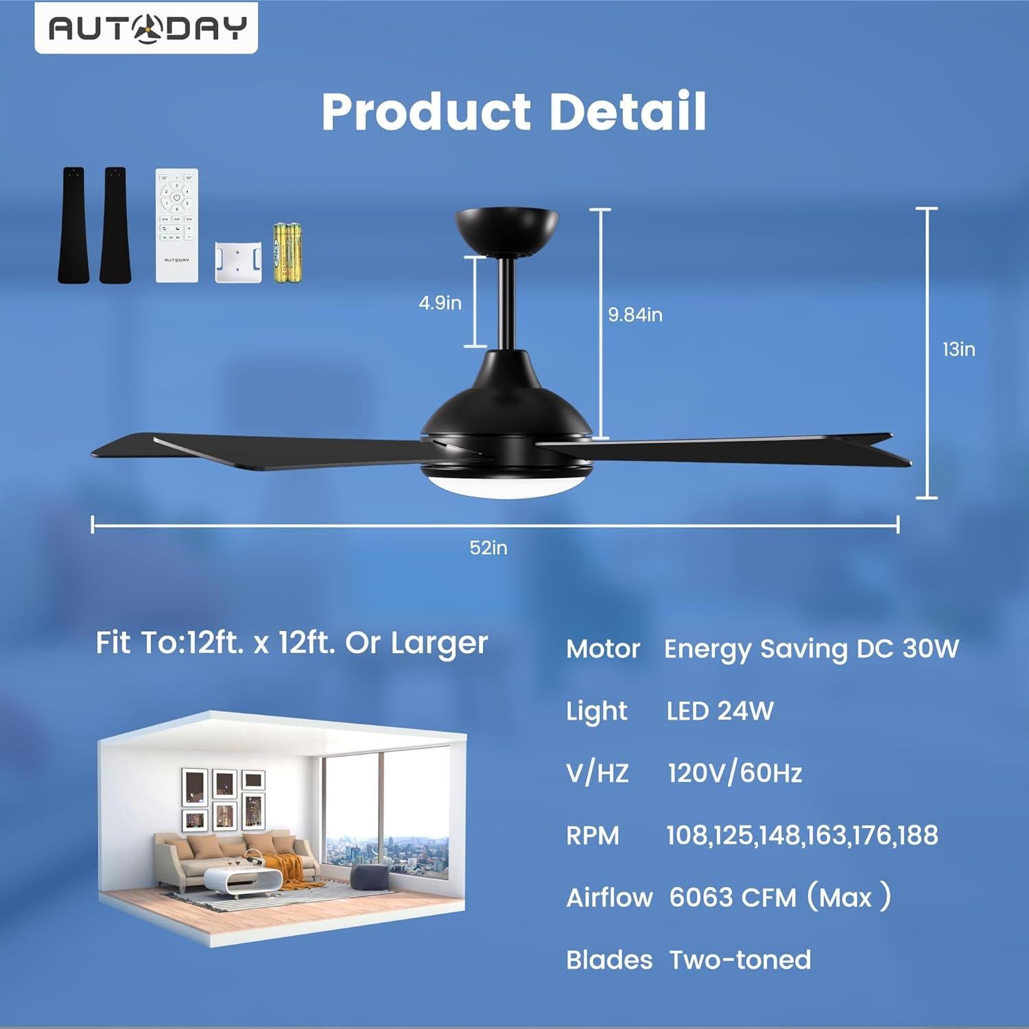 Ventilador de Techo Autoday 52" Negro con Luz LED y Control Remoto