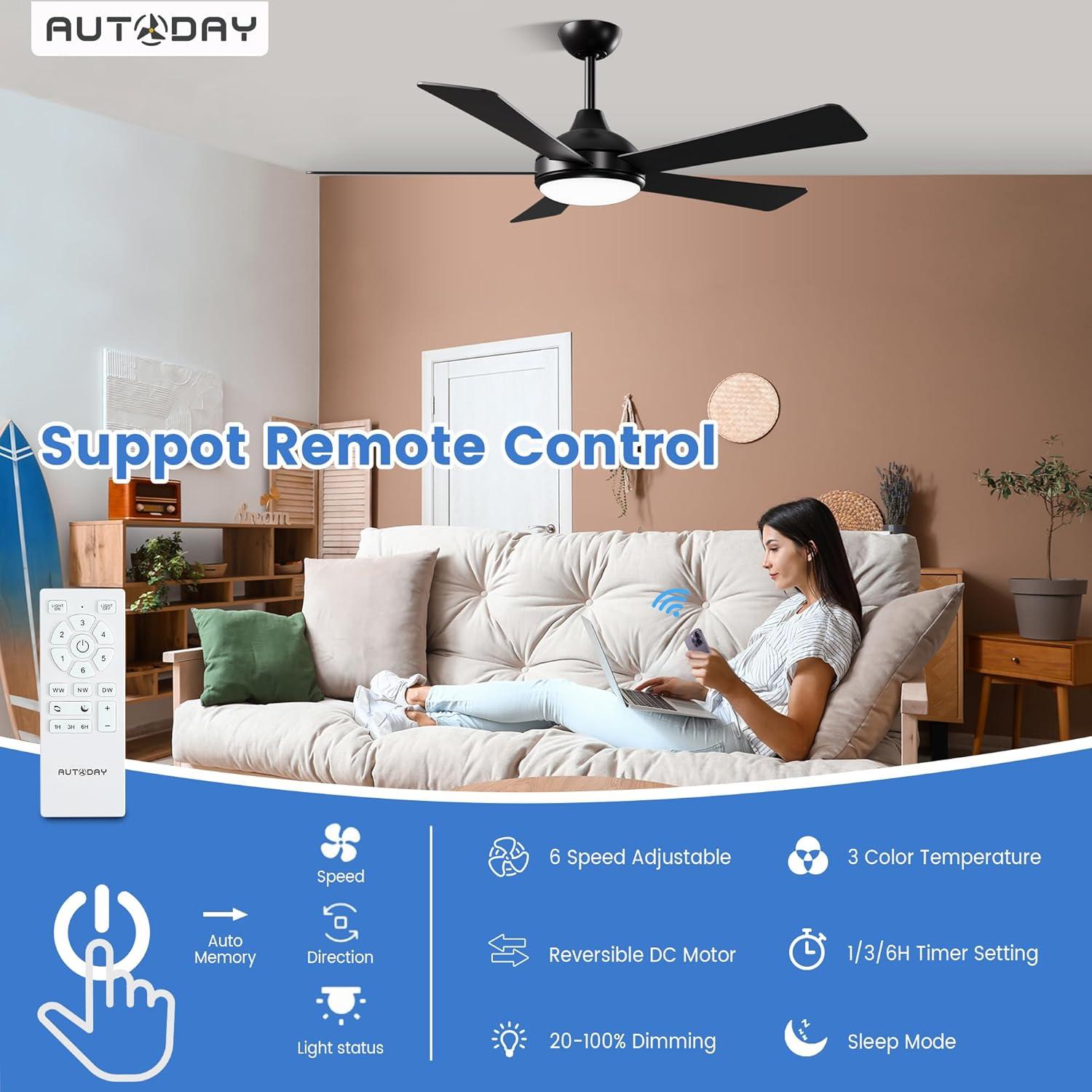 Ventilador de Techo Autoday 52" Negro con Luz LED y Control Remoto