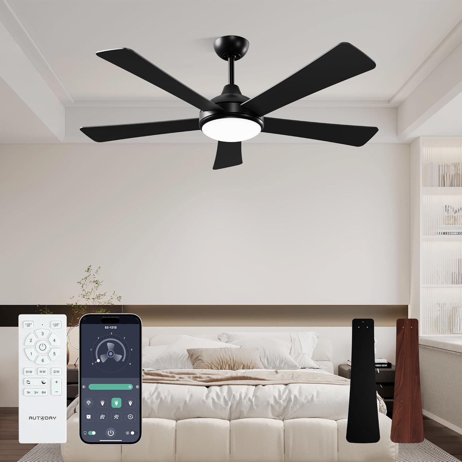 Ventilador de Techo Autoday 52" Negro con Luz LED y Control Remoto