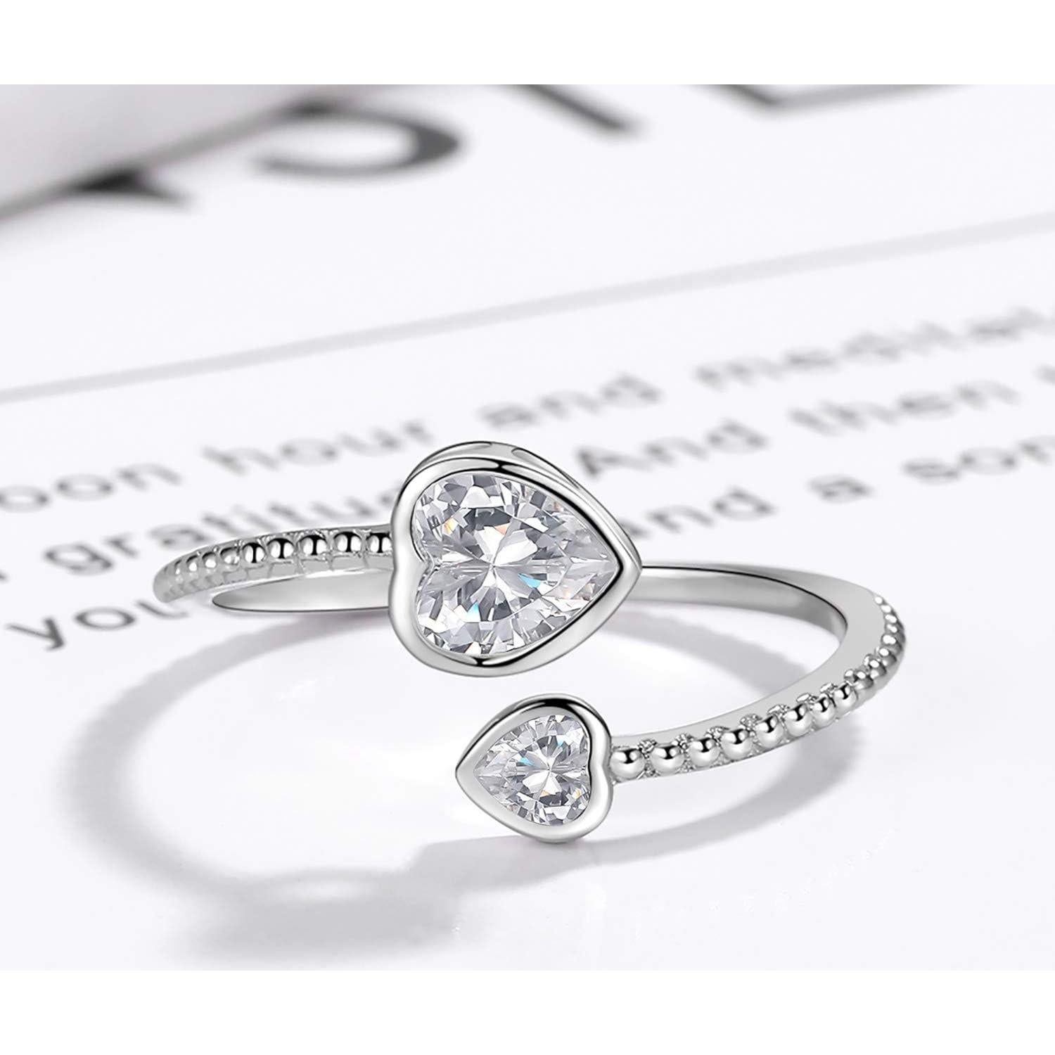 Anillo de Piedra de Nacimiento de Plata Esterlina 925 para Mujeres - Ajustable Corazón Abril