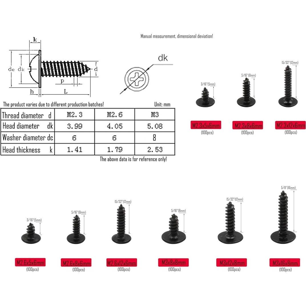 Kit de Tornillos Autoperforantes LBY 900pcs M2.3 M2.6 M3 Negro