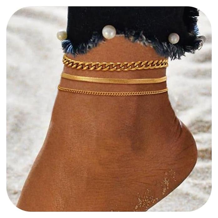 Tobilleras de Oro 14k para Mujeres - 3 Piezas Impermeables