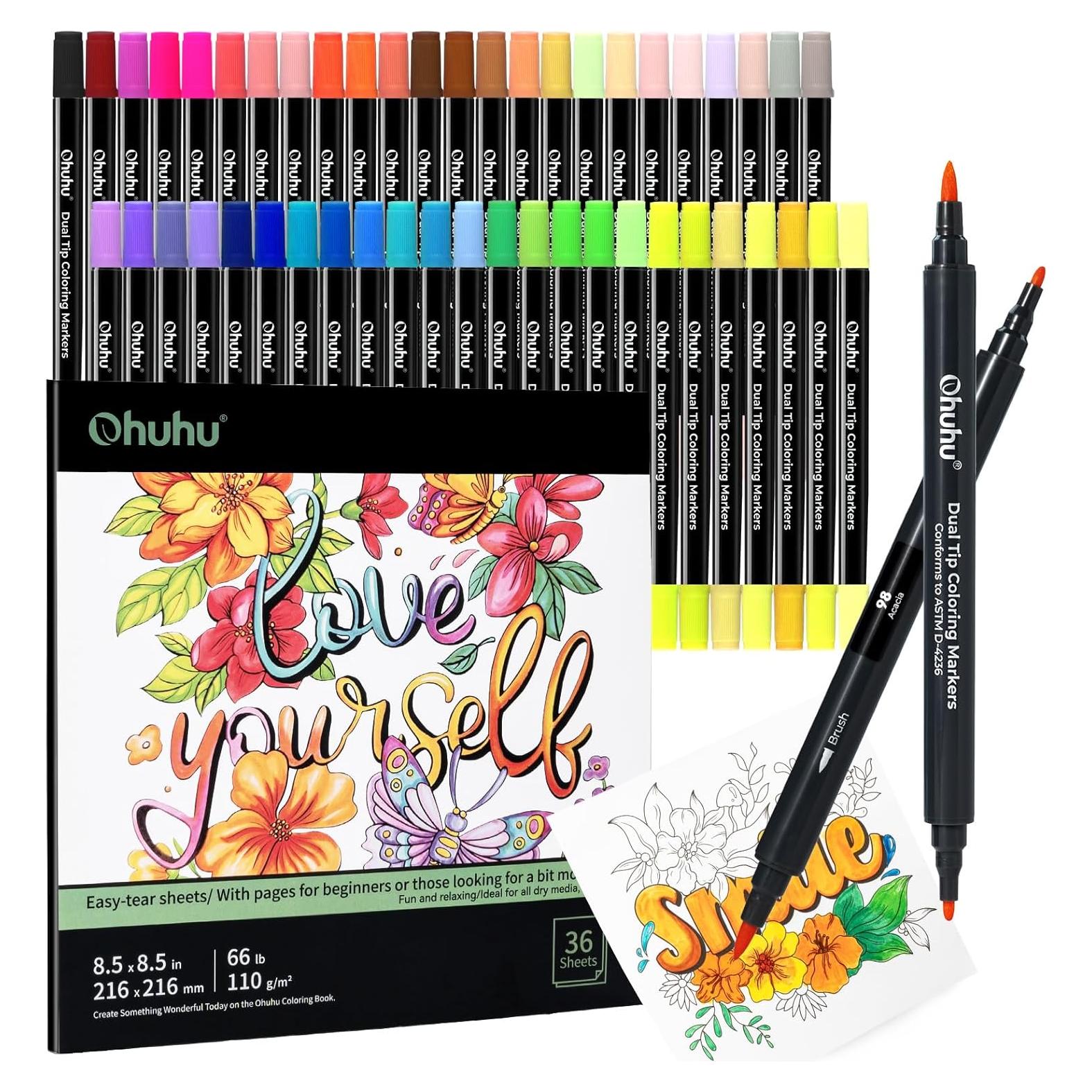 Marcadores Ohuhu Doble Punta 48 Colores + Libro de Colorear