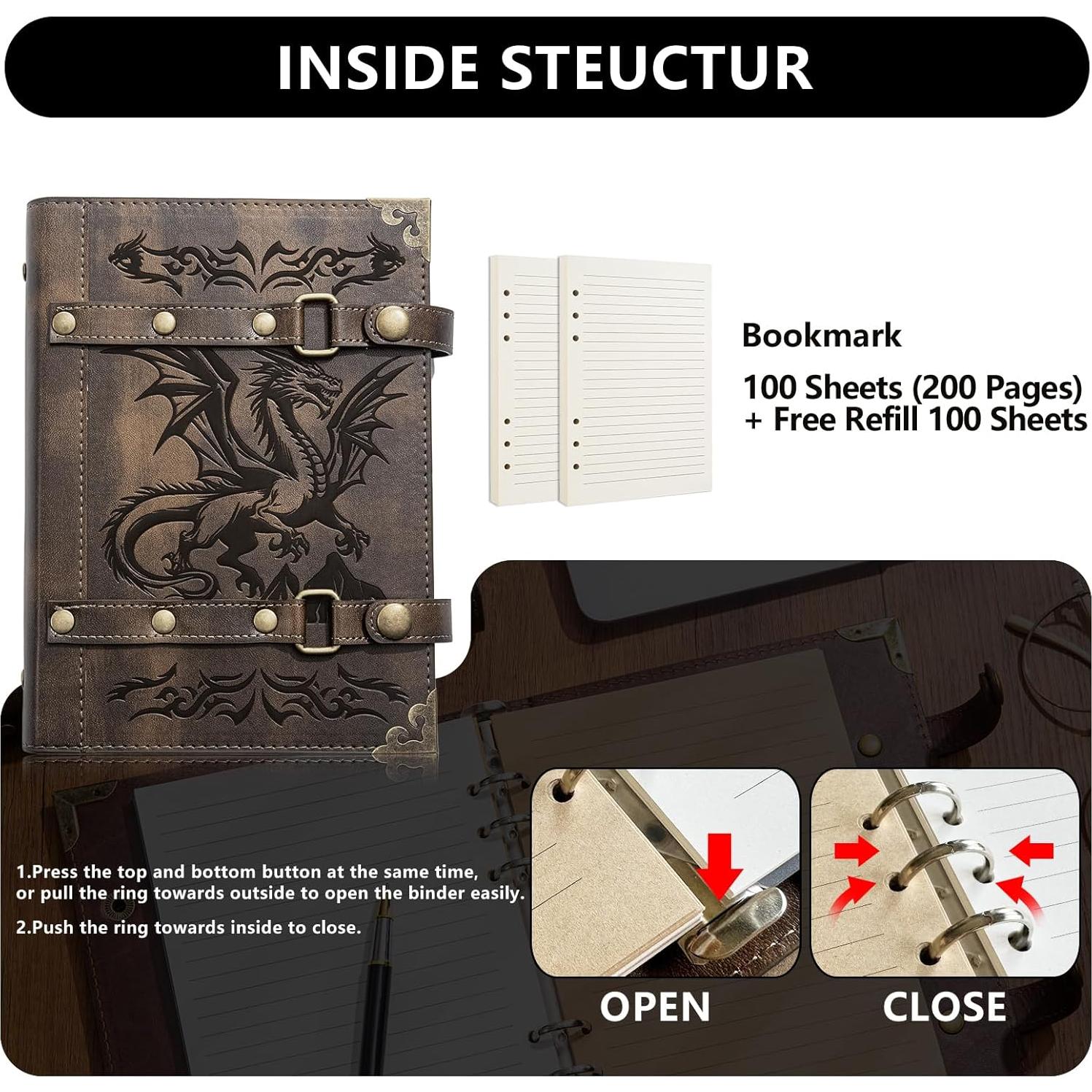 Diario Recargable de Cuero DUROTAN A5 400 Páginas Dragón