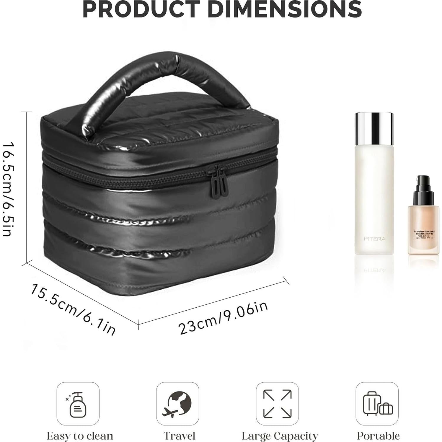 Bolsa de Maquillaje Prite Puffy Negra Impermeable para Mujeres