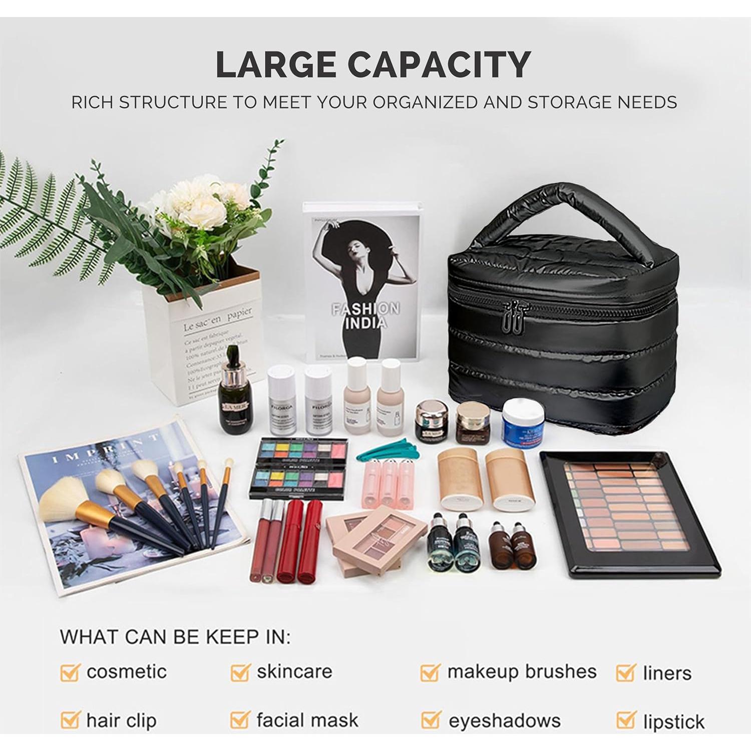 Bolsa de Maquillaje Prite Puffy Negra Impermeable para Mujeres