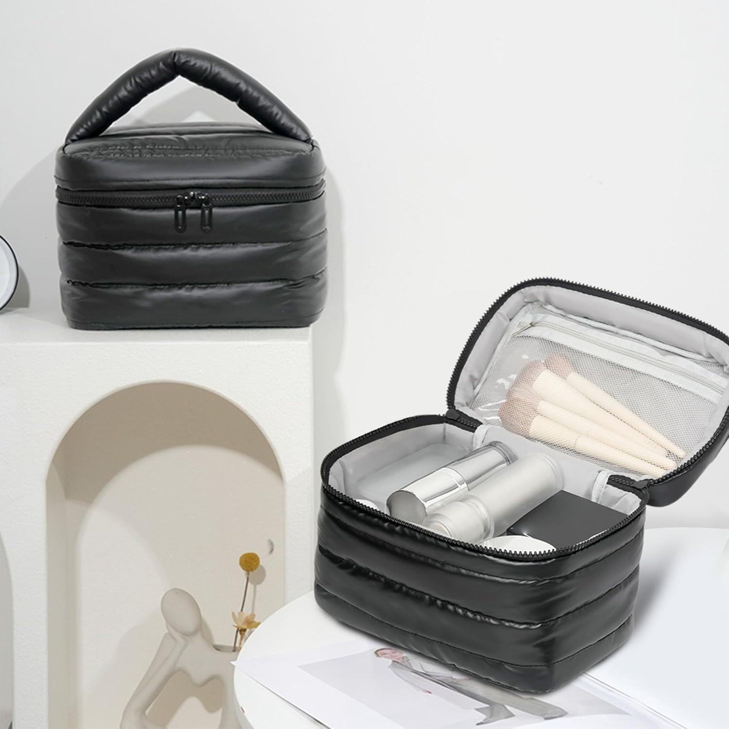 Bolsa de Maquillaje Prite Puffy Negra Impermeable para Mujeres