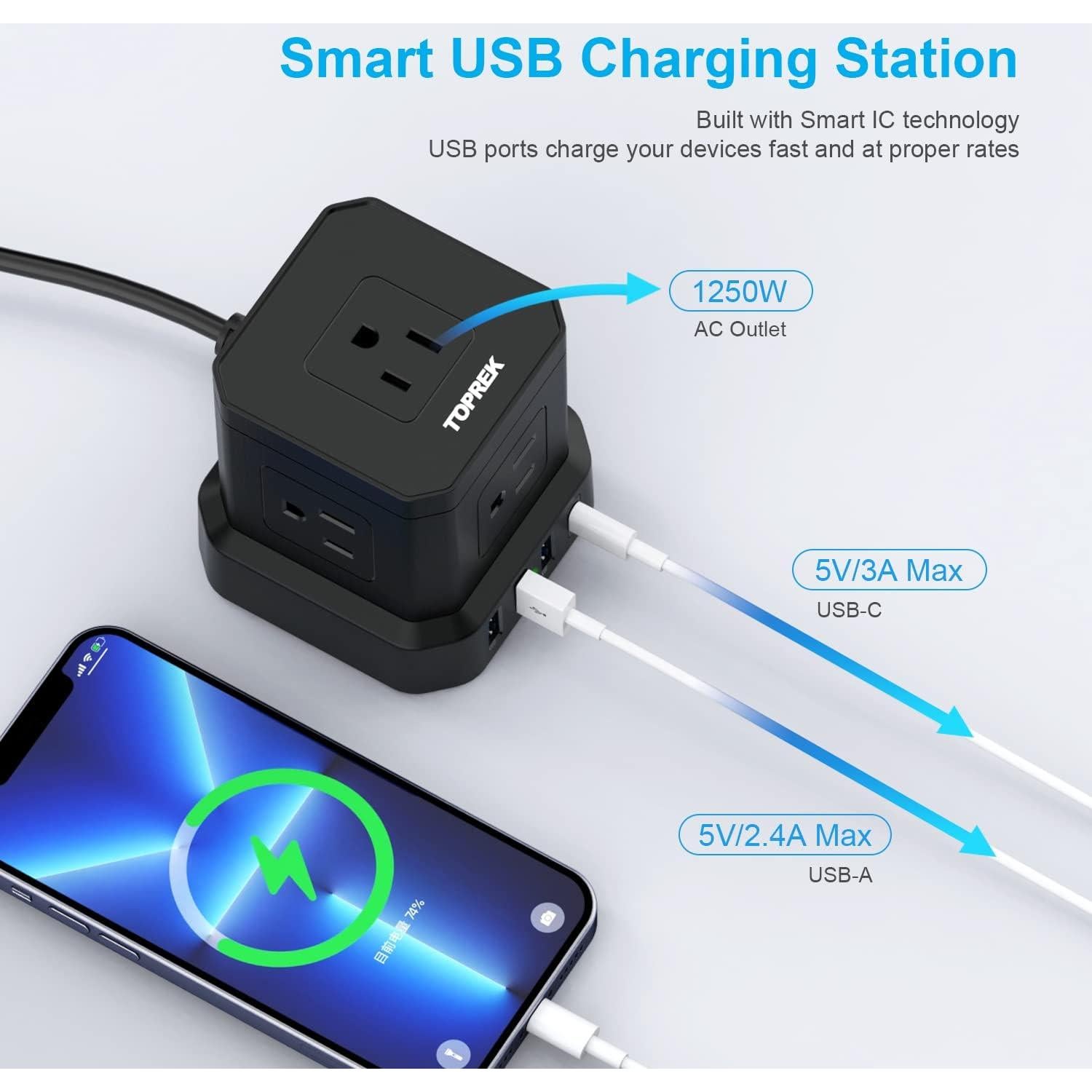 Regleta USB-C TOPREK 9 en 1 con Protección 700J 3.05m